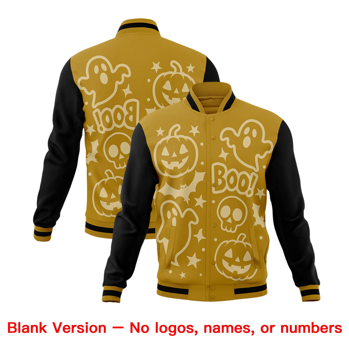 Custom Old Gold Black Red Bats Pumpkins Ghost Patterns Halloween Letterman Jacket | Custom Letterman Jacket,Add Name and Numbern,Sublimation Printed &amp; Stitched,Perfect for Parties | KXKSHOP
