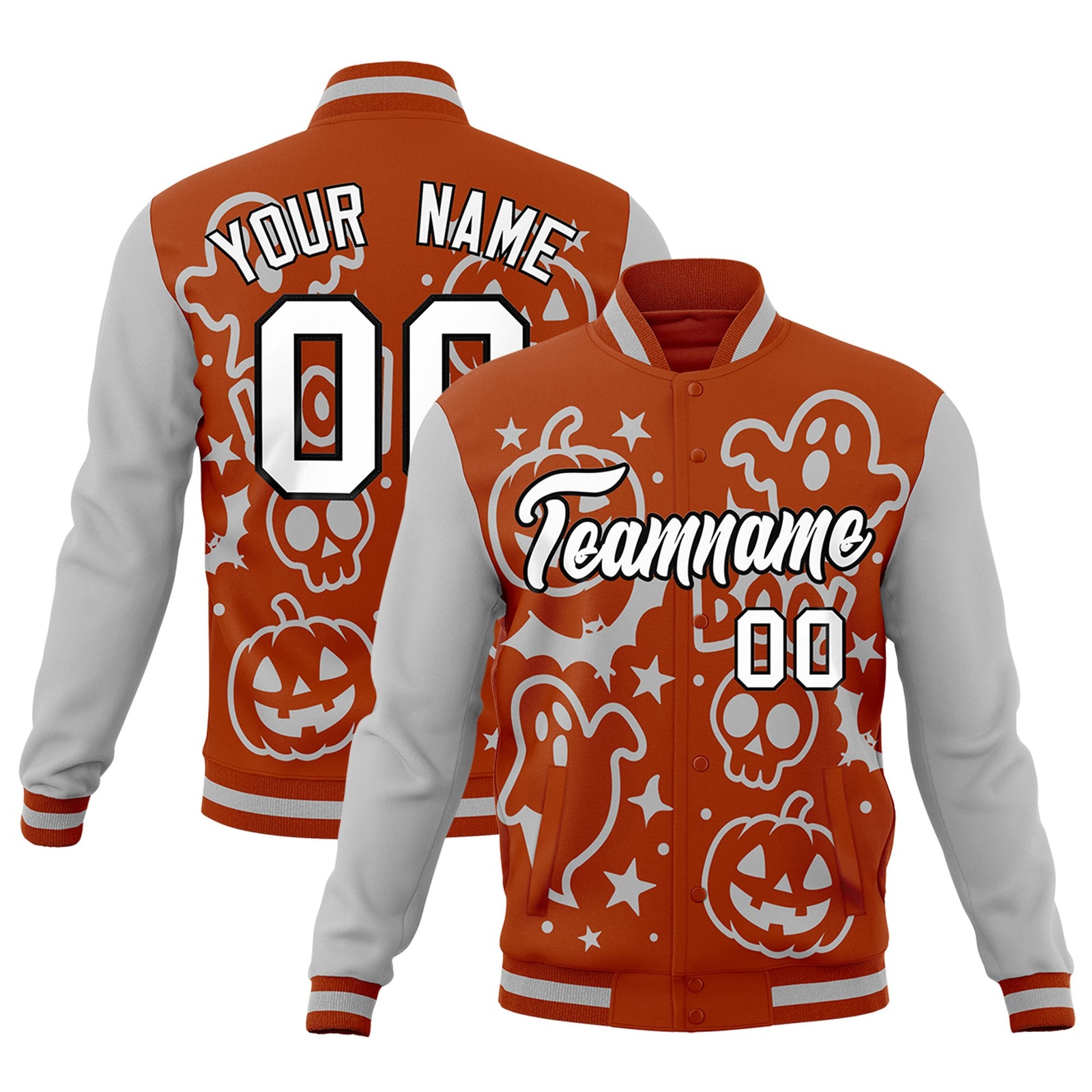 Custom Dark Orange Gray White Bats Pumpkins Ghost Patterns Halloween Letterman Jacket | Custom Letterman Jacket,Add Name and Numbern,Sublimation Printed & Stitched,Perfect for Parties | KXKSHOP