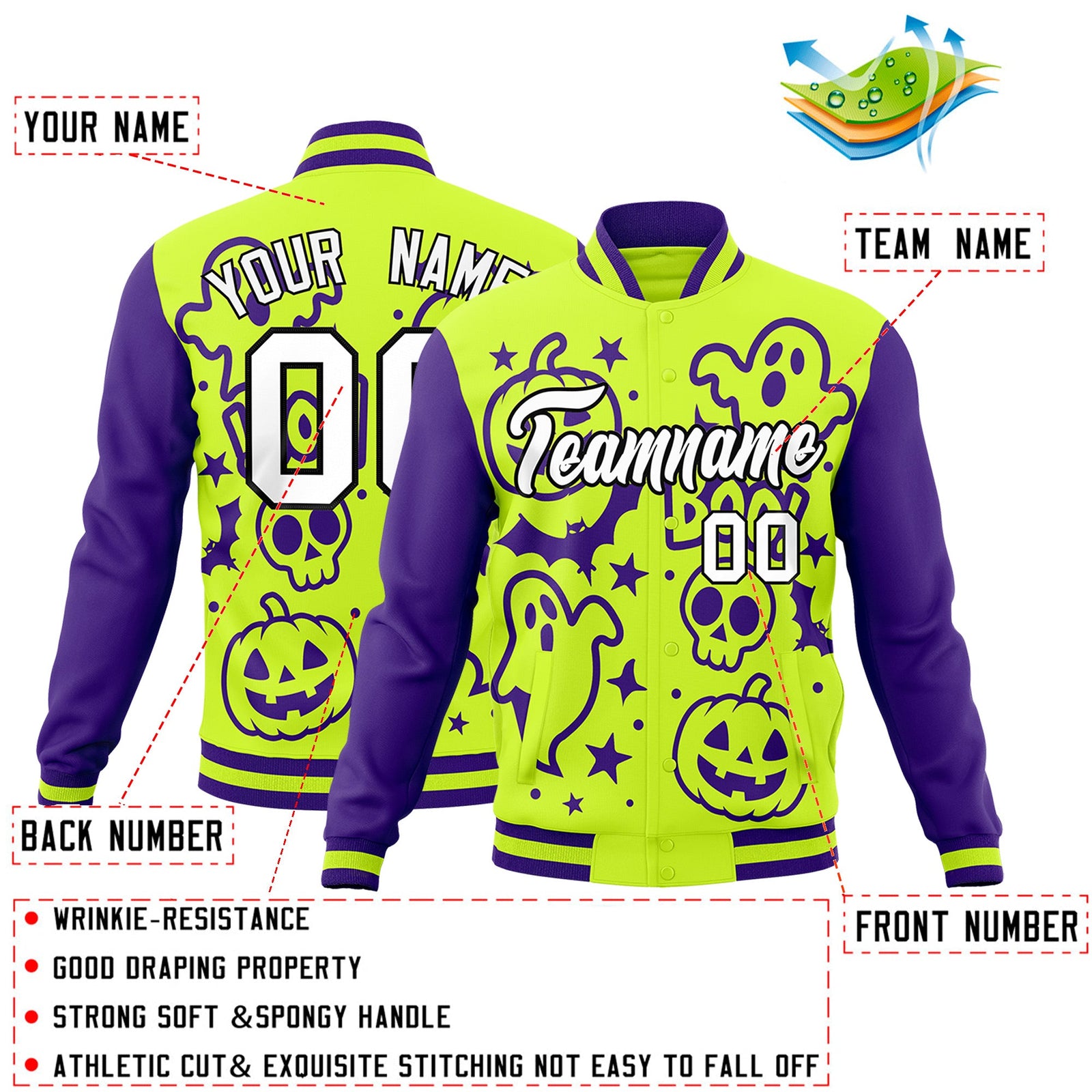 Custom Purple Neon Green White Bats Pumpkins Ghost Patterns Halloween Letterman Jacket | Custom Letterman Jacket,Add Name and Numbern,Sublimation Printed & Stitched,Perfect for Parties | KXKSHOP