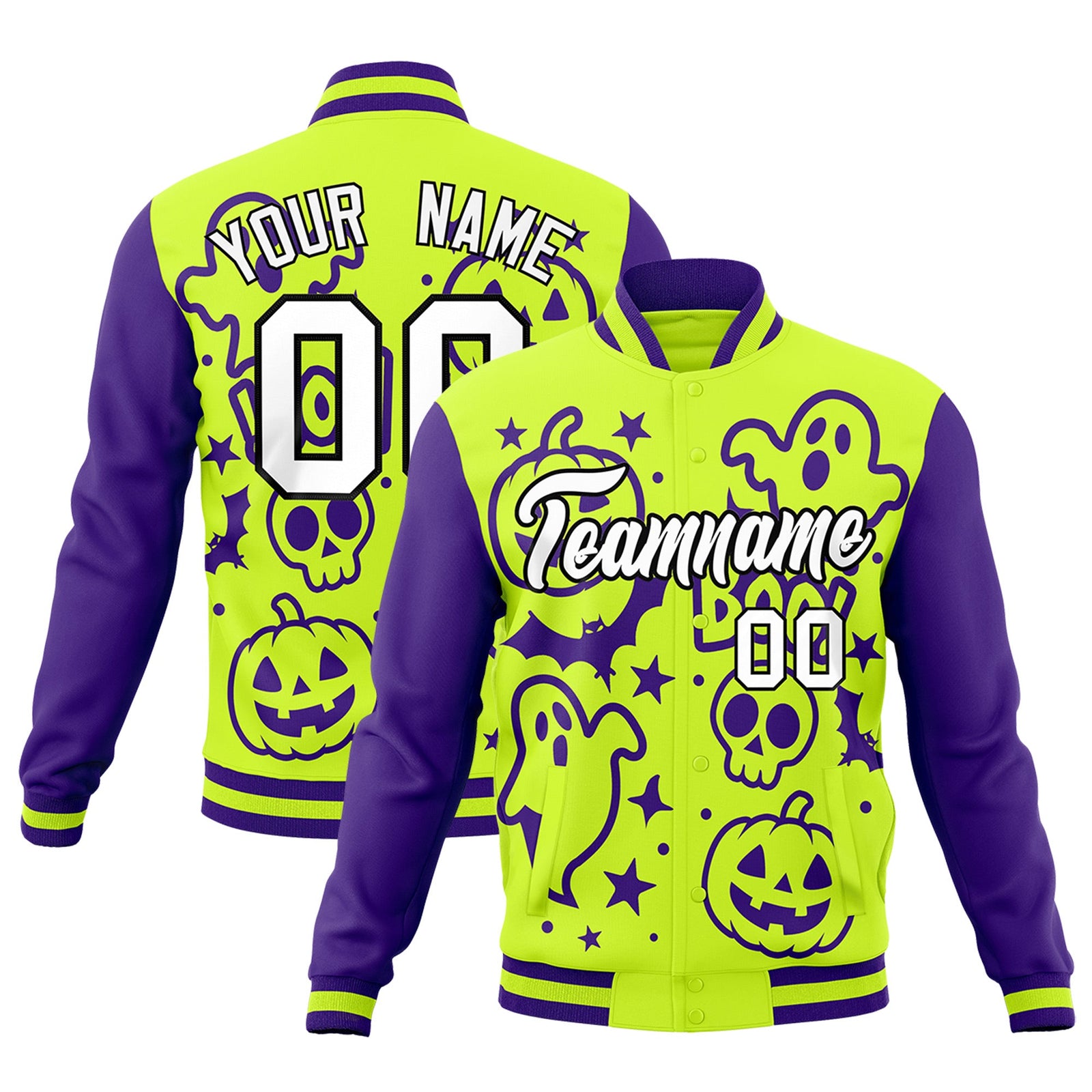 Custom Purple Neon Green White Bats Pumpkins Ghost Patterns Halloween Letterman Jacket | Custom Letterman Jacket,Add Name and Numbern,Sublimation Printed & Stitched,Perfect for Parties | KXKSHOP