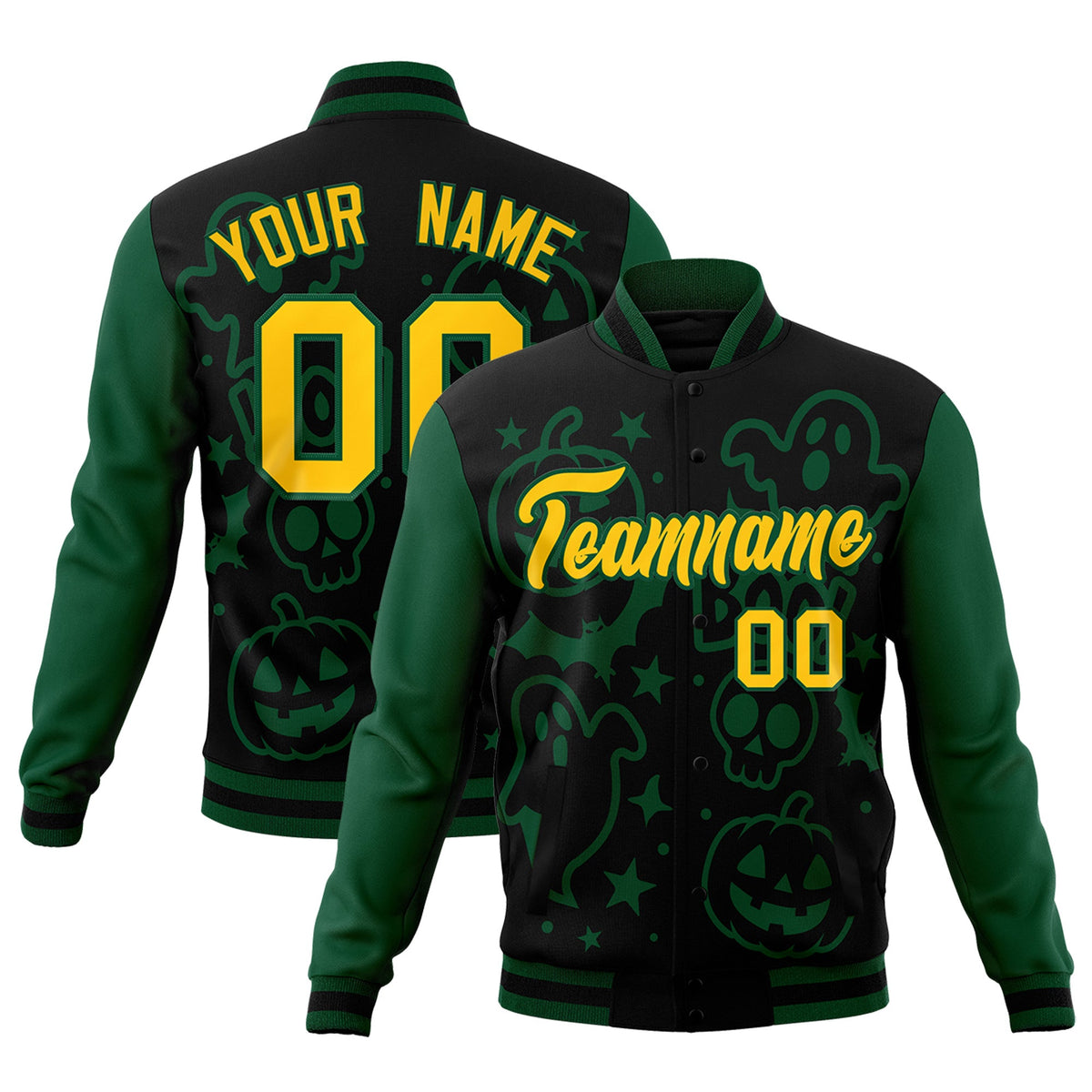 Custom Green Black Gold Bats Pumpkins Ghost Patterns Halloween Letterman Jacket | Custom Letterman Jacket,Add Name and Numbern,Sublimation Printed &amp; Stitched,Perfect for Parties | KXKSHOP