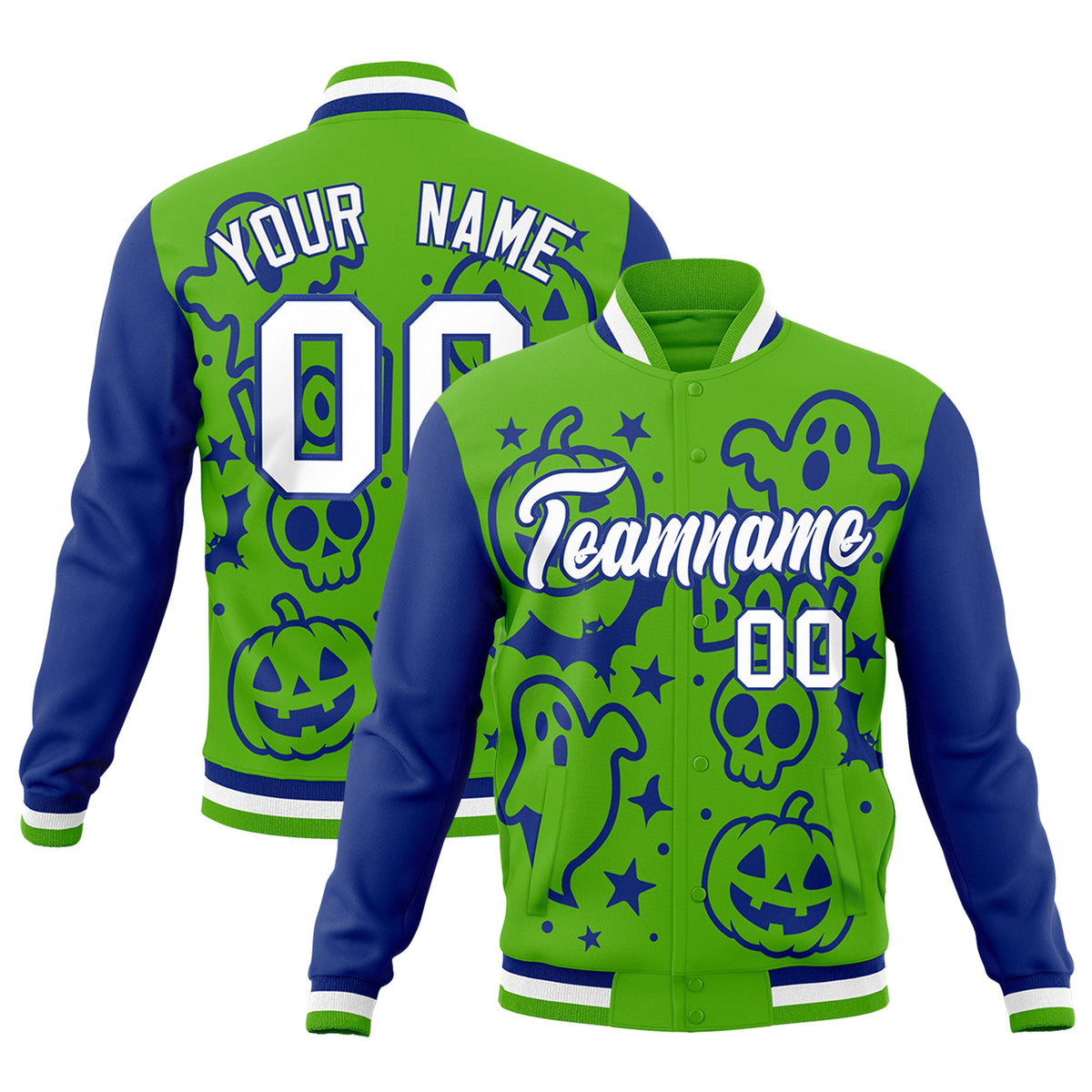 Custom Green Royal Blue White Bats Pumpkins Ghost Patterns Halloween Letterman Jacket | Custom Letterman Jacket,Add Name and Numbern,Sublimation Printed &amp; Stitched,Perfect for Parties | KXKSHOP