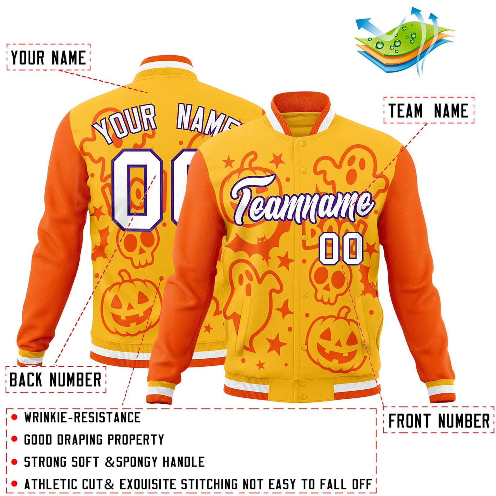 Custom Yellow Orange Gold Bats Pumpkins Ghost Patterns Halloween Letterman Jacket | Custom Letterman Jacket,Add Name and Numbern,Sublimation Printed & Stitched,Perfect for Parties | KXKSHOP
