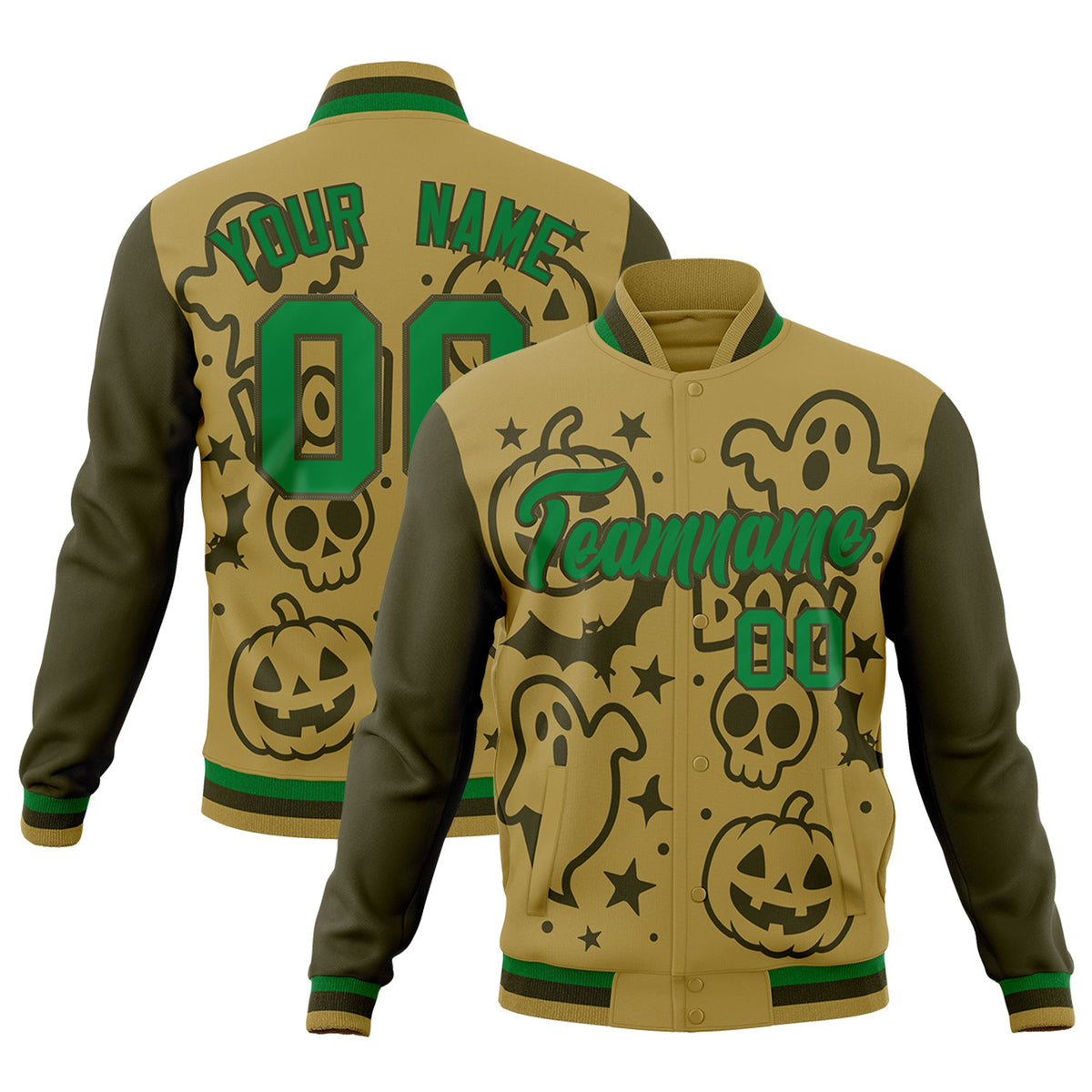 Custom Desert Yellow Kelly Green Olive Bats Pumpkins Ghost Patterns Halloween Letterman Jacket | Custom Letterman Jacket,Add Name and Numbern,Sublimation Printed &amp; Stitched,Perfect for Parties | KXKSHOP