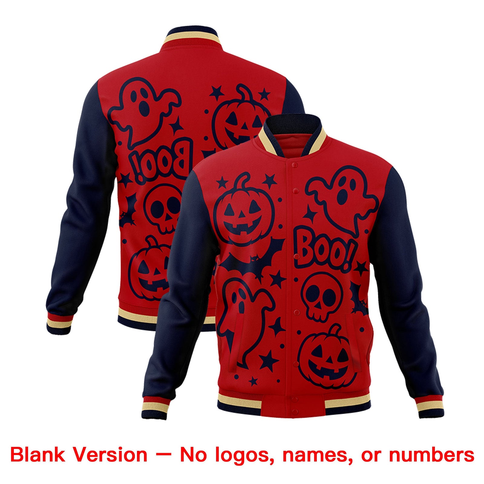 Custom Red Navy Khaki Bats Pumpkins Ghost Patterns Halloween Letterman Jacket | Custom Letterman Jacket,Add Name and Numbern,Sublimation Printed & Stitched,Perfect for Parties | KXKSHOP
