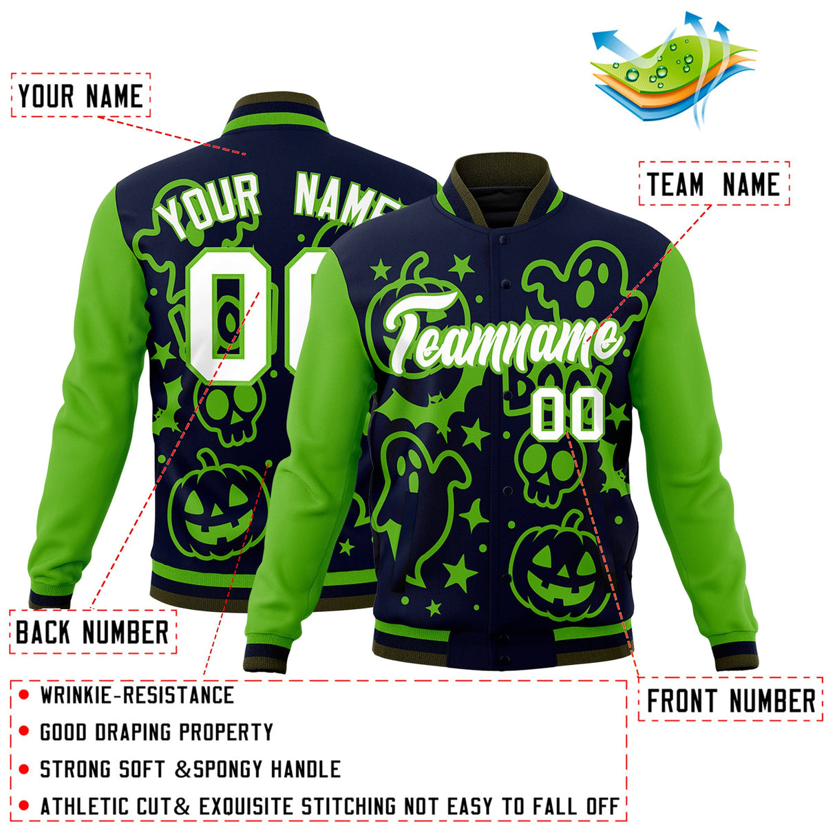 Custom Green Navy Olive Bats Pumpkins Ghost Patterns Halloween Letterman Jacket | Custom Letterman Jacket,Add Name and Numbern,Sublimation Printed &amp; Stitched,Perfect for Parties | KXKSHOP