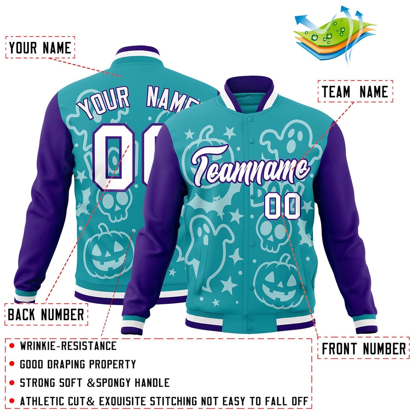Custom Aqua Purple White Bats Pumpkins Ghost Patterns Halloween Letterman Jacket | Custom Letterman Jacket,Add Name and Numbern,Sublimation Printed & Stitched,Perfect for Parties | KXKSHOP