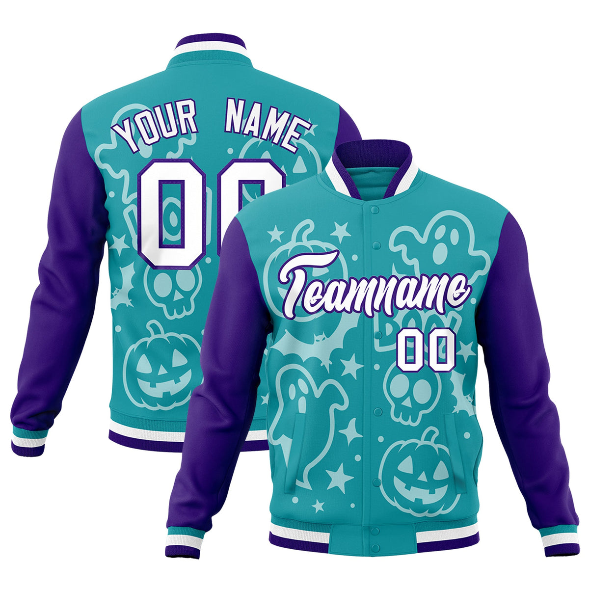 Custom Aqua Purple White Bats Pumpkins Ghost Patterns Halloween Letterman Jacket | Custom Letterman Jacket,Add Name and Numbern,Sublimation Printed &amp; Stitched,Perfect for Parties | KXKSHOP