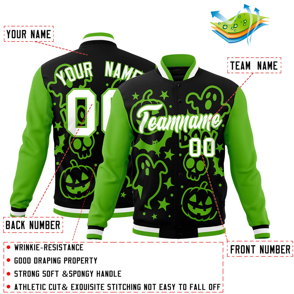 Custom Black Green White Bats Pumpkins Ghost Patterns Halloween Letterman Jacket | Custom Letterman Jacket,Add Name and Numbern,Sublimation Printed &amp; Stitched,Perfect for Parties | KXKSHOP
