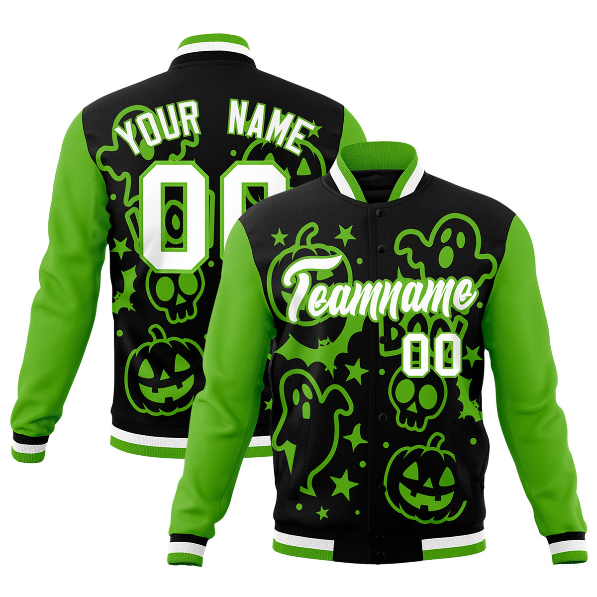 Custom Black Green White Bats Pumpkins Ghost Patterns Halloween Letterman Jacket | Custom Letterman Jacket,Add Name and Numbern,Sublimation Printed &amp; Stitched,Perfect for Parties | KXKSHOP