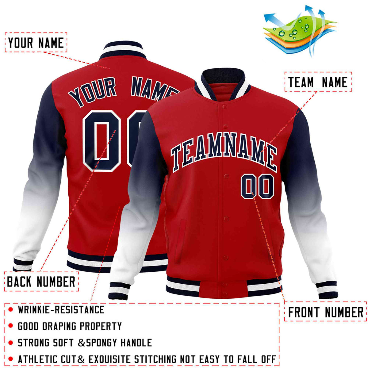 Custom Red Navy White Full-Snap Varsity Raglan Sleeves Gradient Letterman Jacket