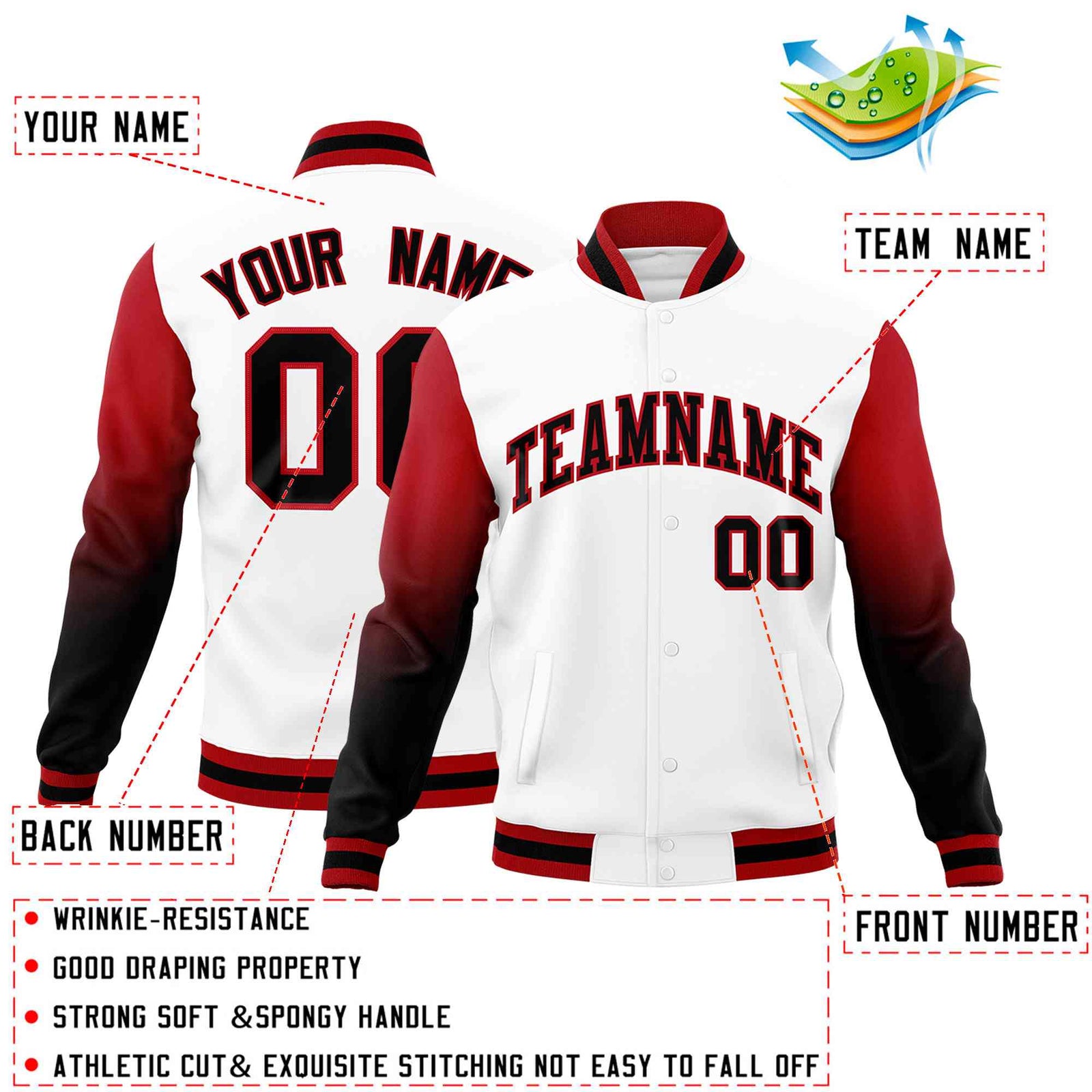 Custom White Black Red Full-Snap Varsity Raglan Sleeves Gradient Letterman Jacket
