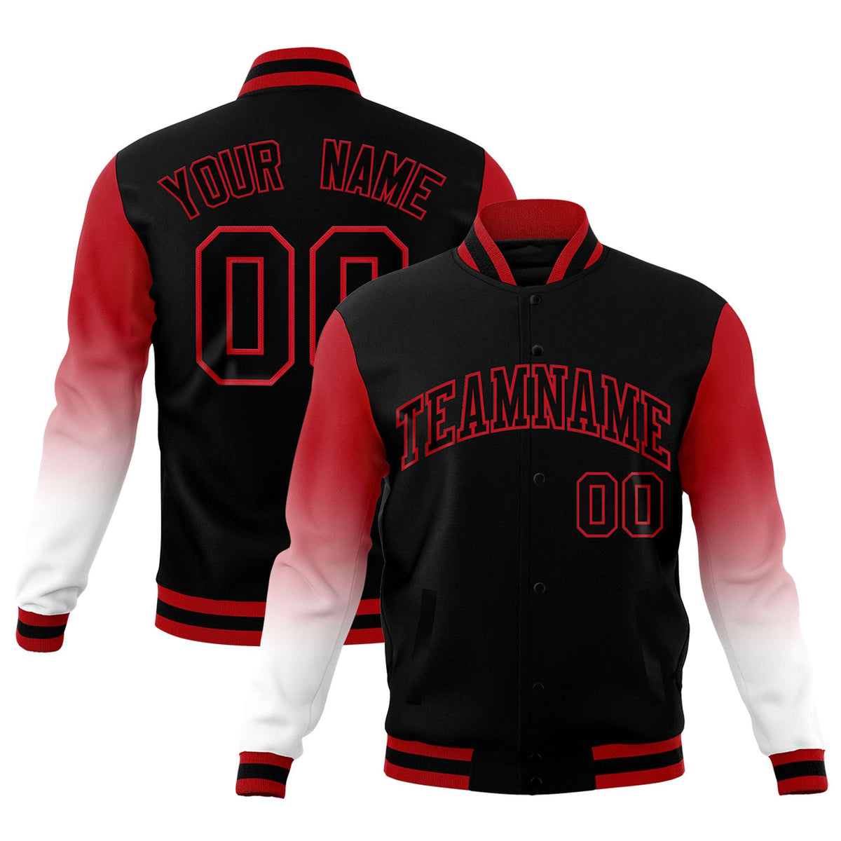 Custom Black White Red Full-Snap Varsity Raglan Sleeves Gradient Letterman Jacket
