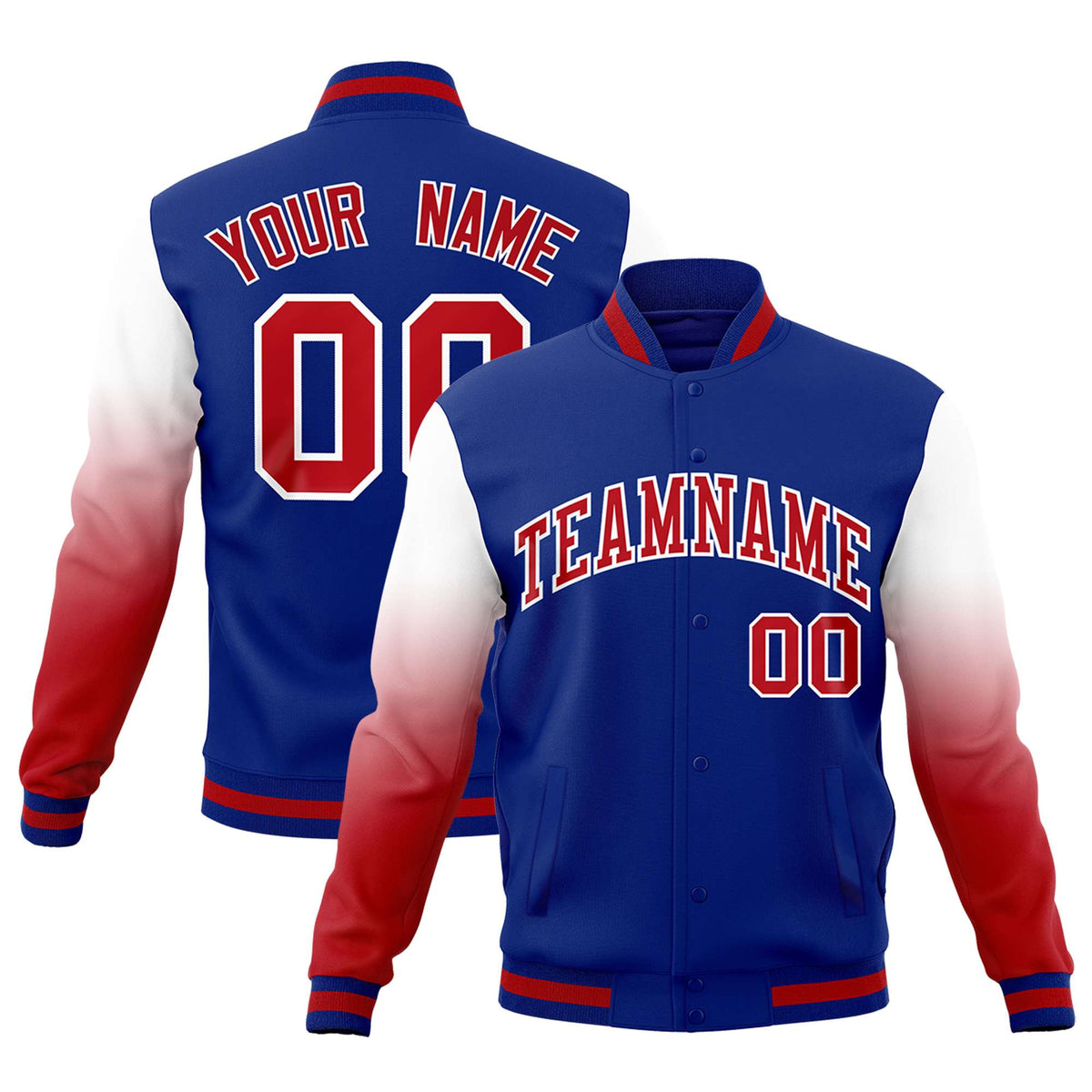 Custom Royal Blue White Red Full-Snap Varsity Raglan Sleeves Gradient Letterman Jacket