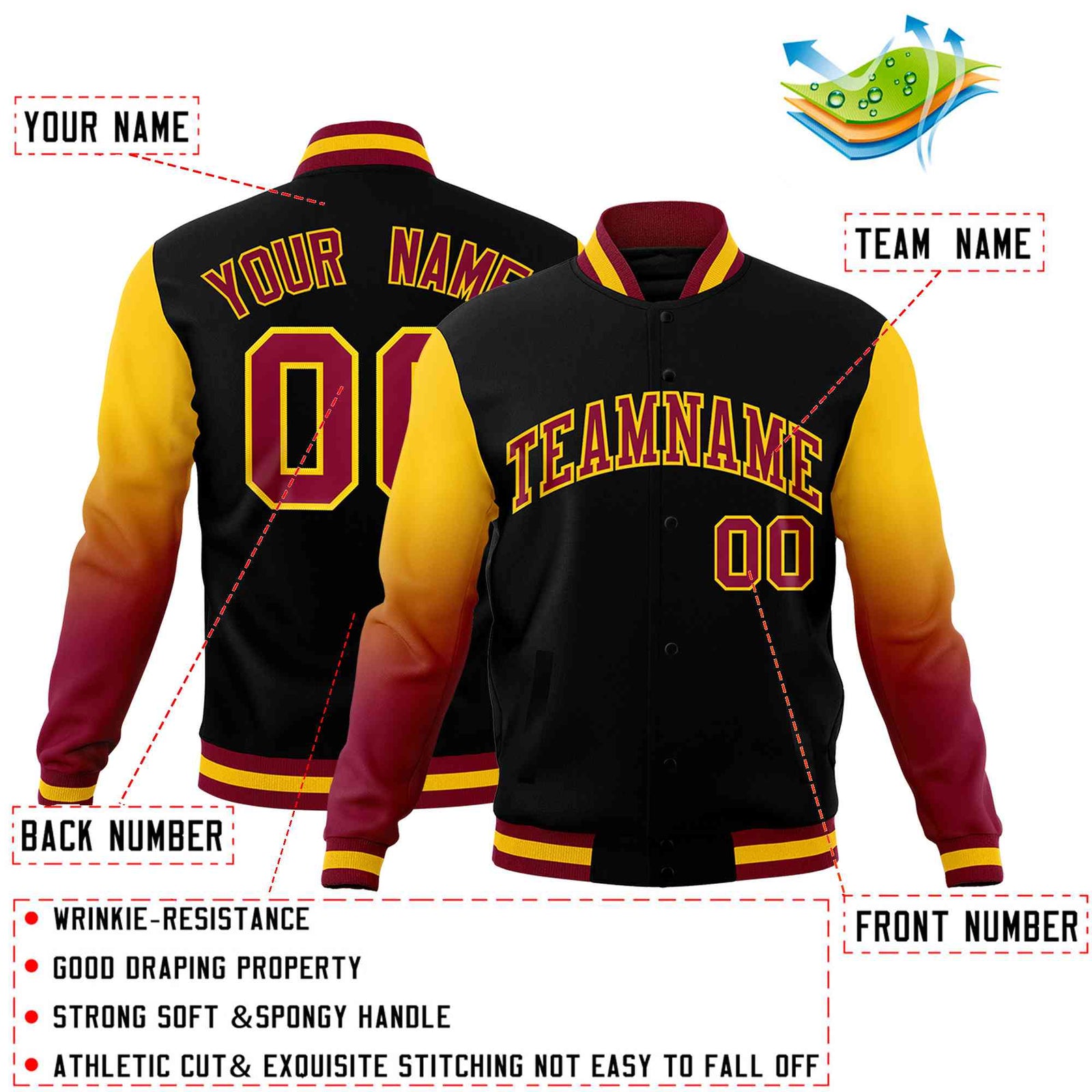 Custom Black Crimson Gold Full-Snap Varsity Raglan Sleeves Gradient Letterman Jacket
