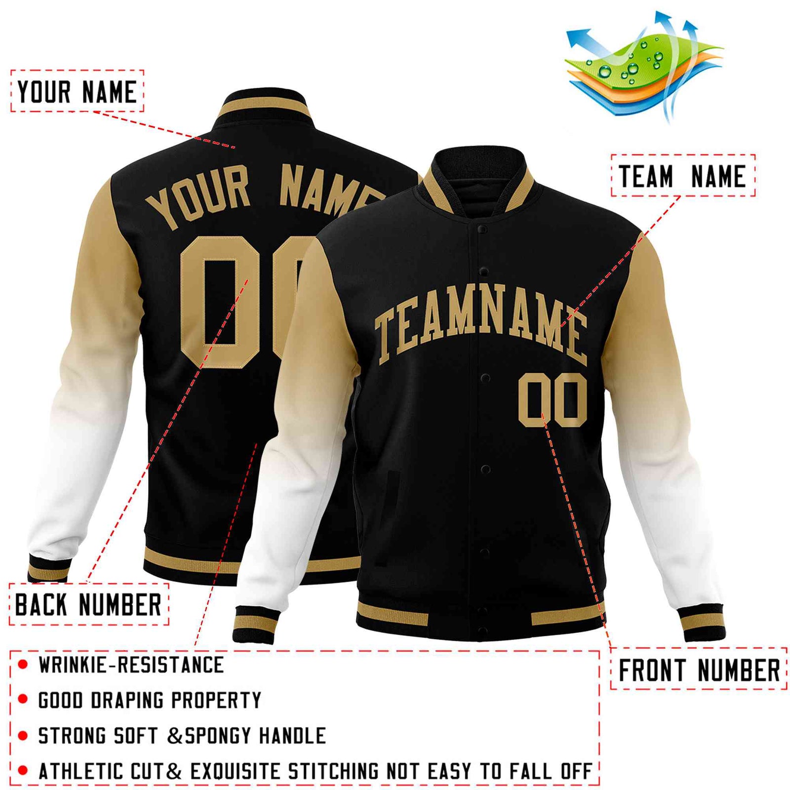 Custom Black White Old Gold Full-Snap Varsity Raglan Sleeves Gradient Letterman Jacket