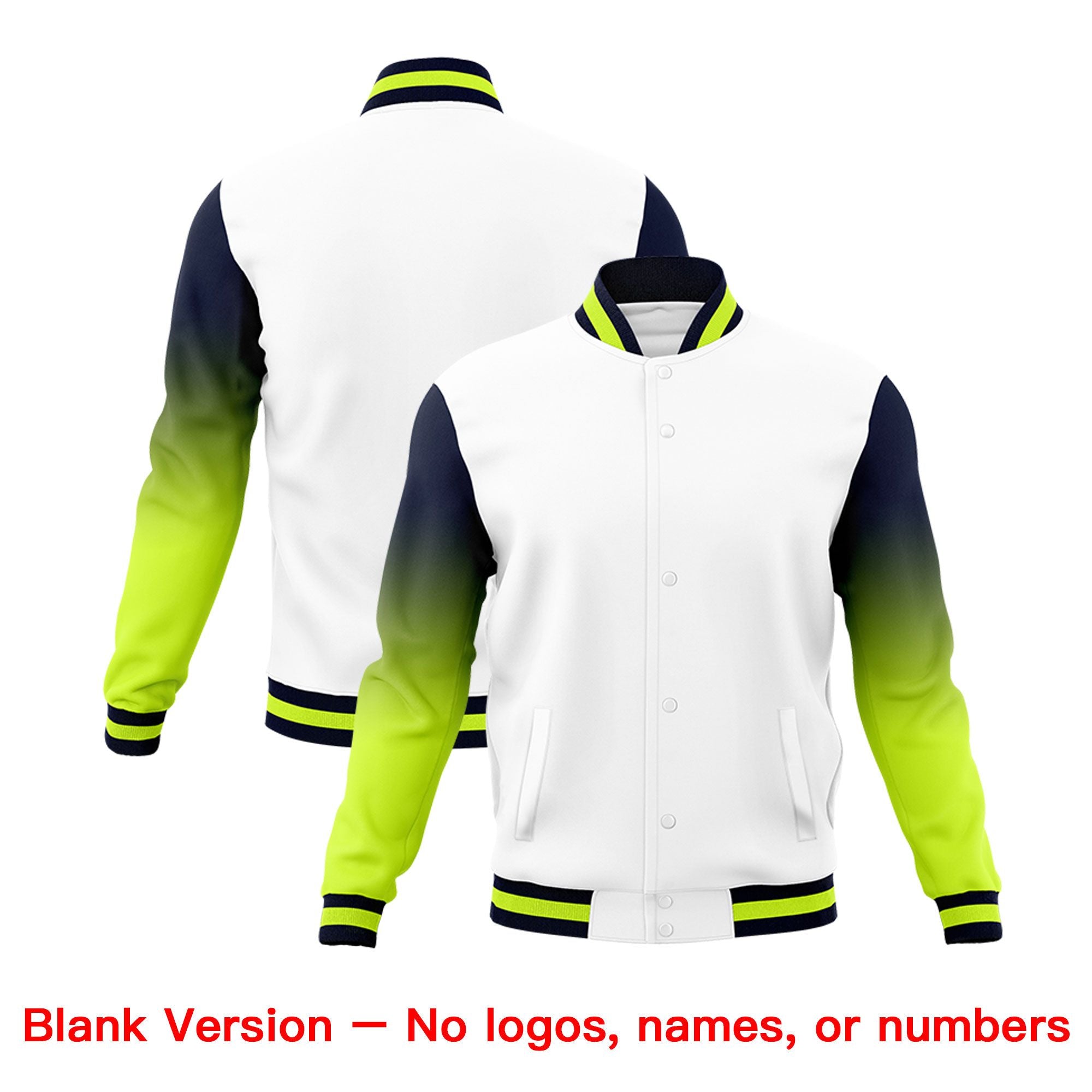 Custom White Neon Green Navy Full-Snap Varsity Raglan Sleeves Gradient Letterman Jacket