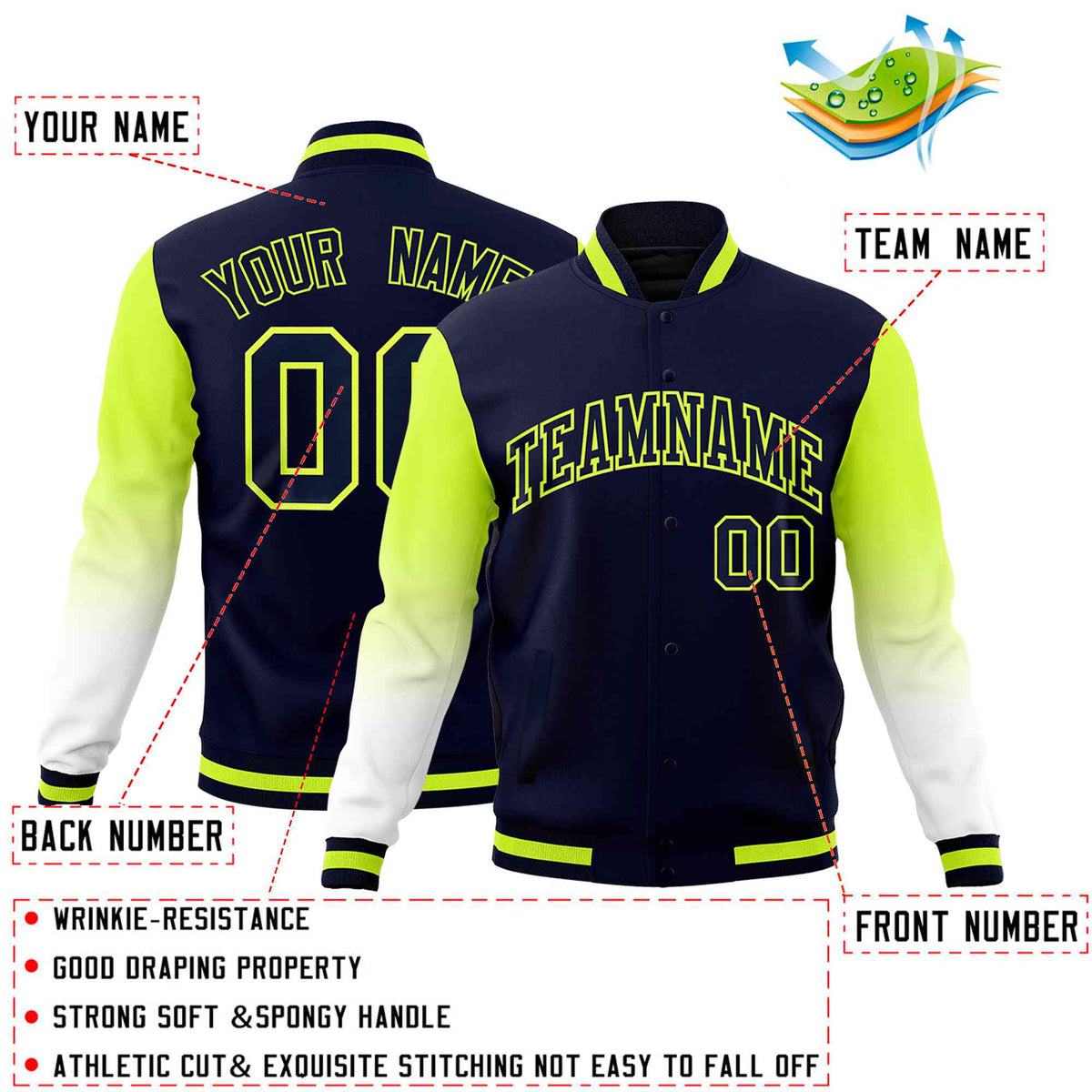 Custom Navy White Neon Green Full-Snap Varsity Raglan Sleeves Gradient Letterman Jacket