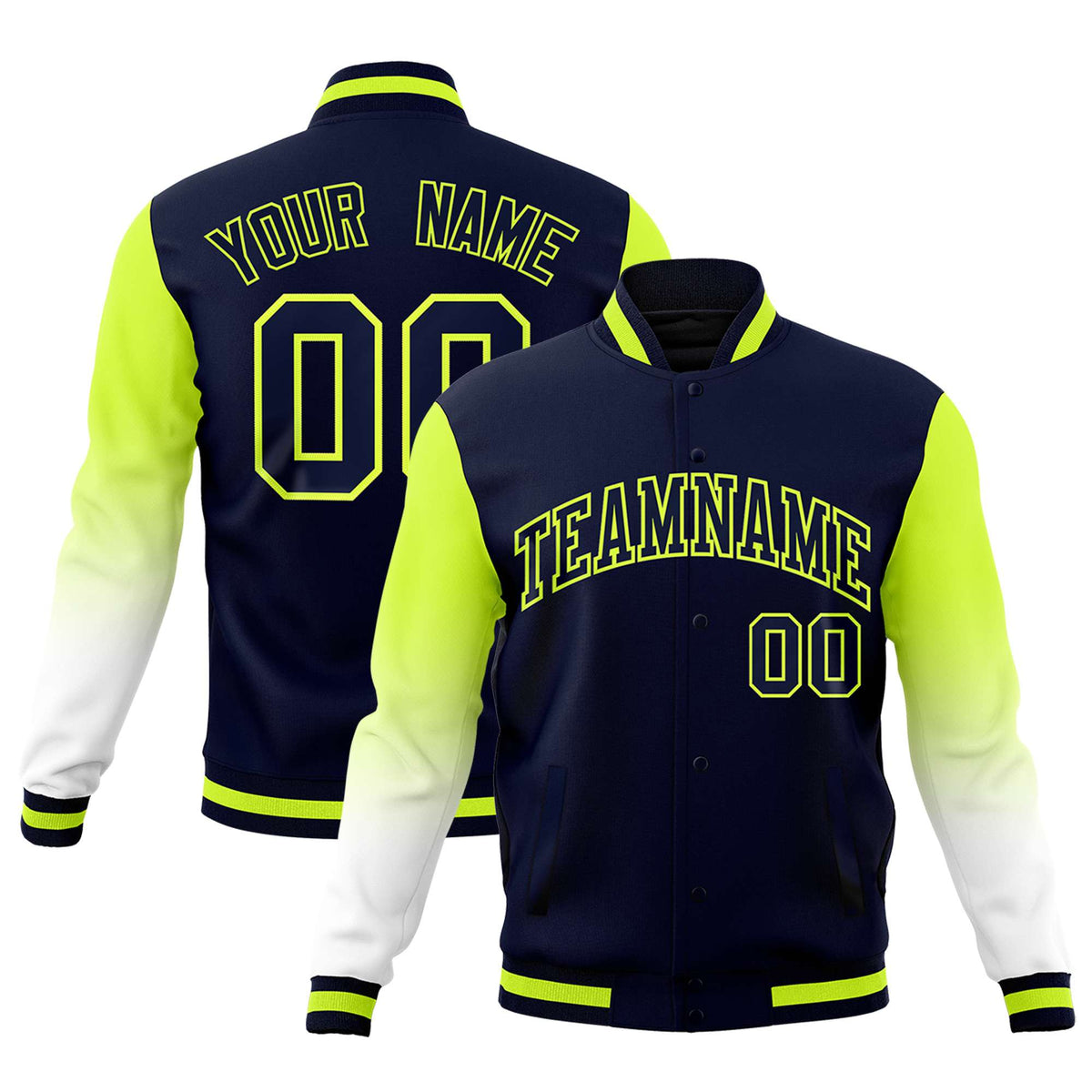 Custom Navy White Neon Green Full-Snap Varsity Raglan Sleeves Gradient Letterman Jacket