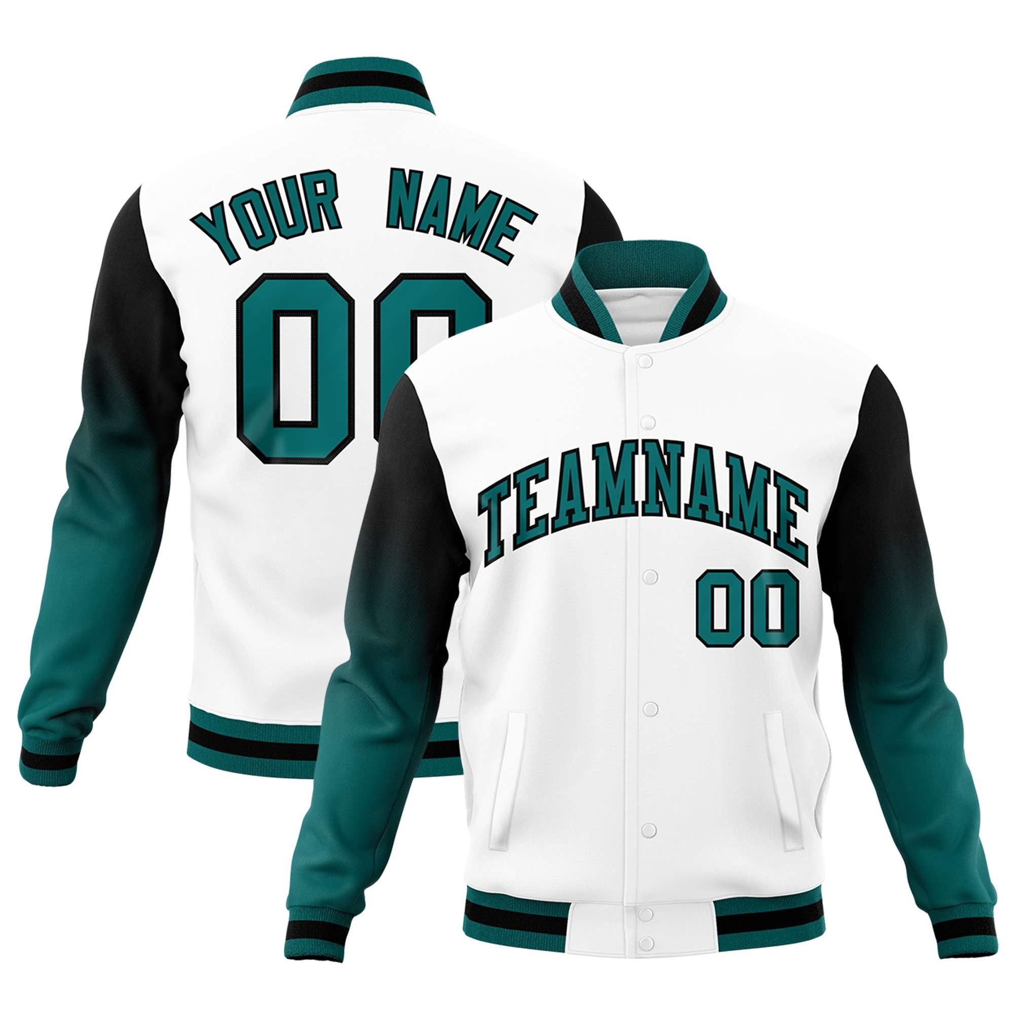 Custom White Teal Black Full-Snap Varsity Raglan Sleeves Gradient Letterman Jacket