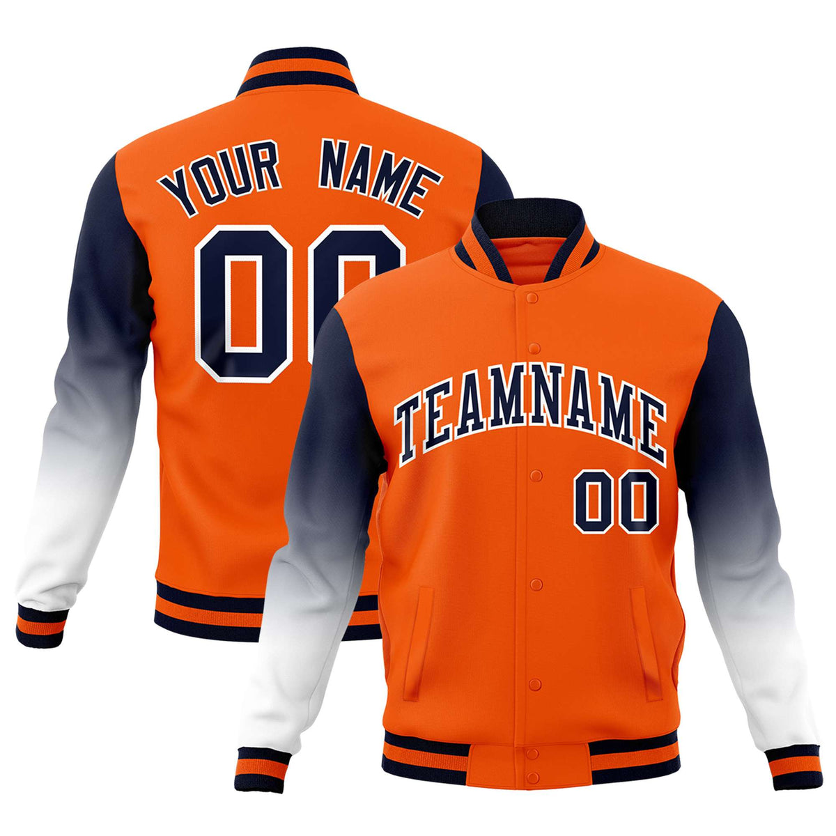 Custom Orange Navy White Full-Snap Varsity Raglan Sleeves Gradient Letterman Jacket