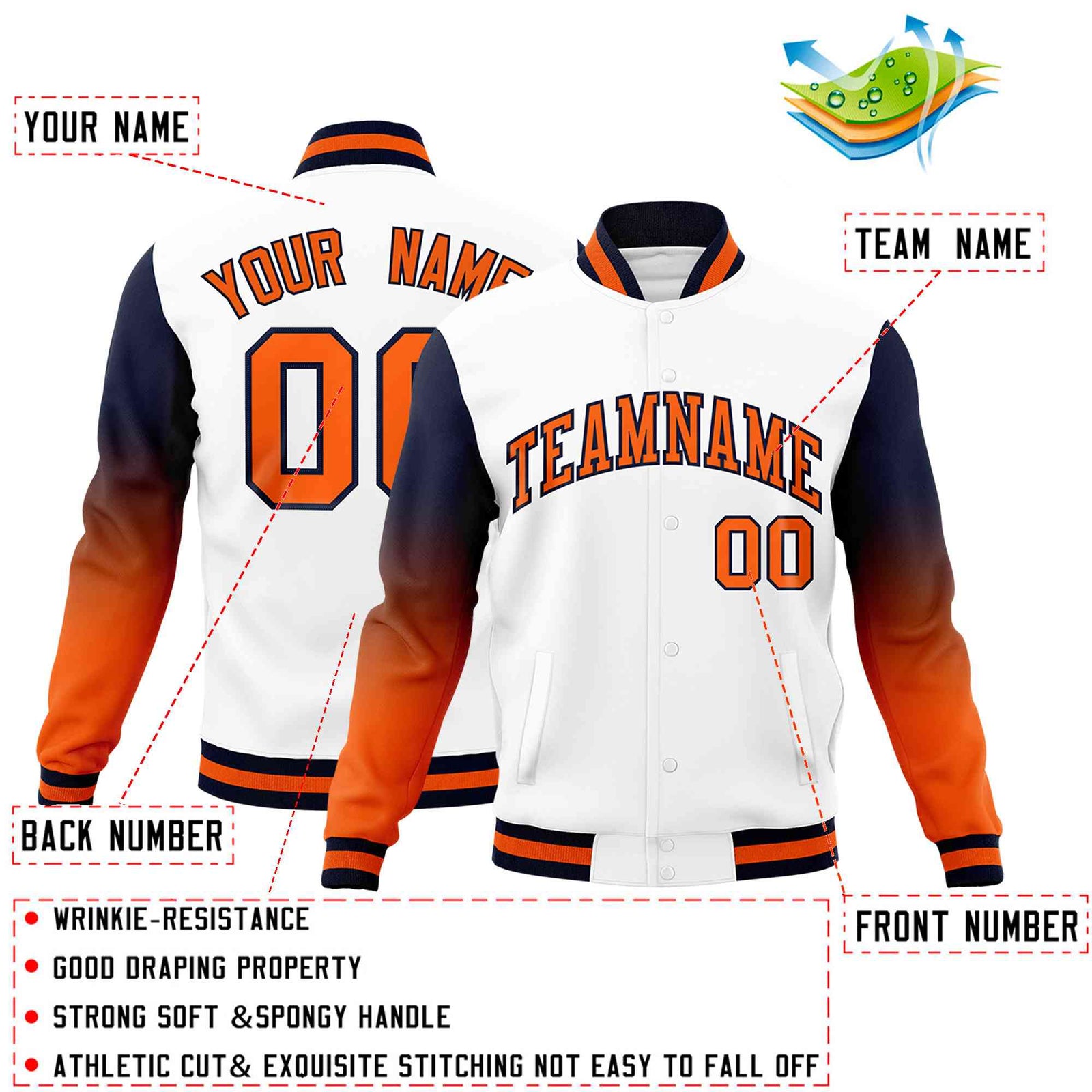 Custom White Orange Navy Full-Snap Varsity Raglan Sleeves Gradient Letterman Jacket