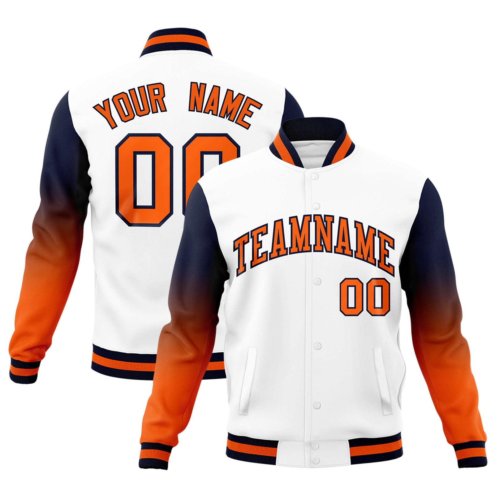 Custom White Orange Navy Full-Snap Varsity Raglan Sleeves Gradient Letterman Jacket