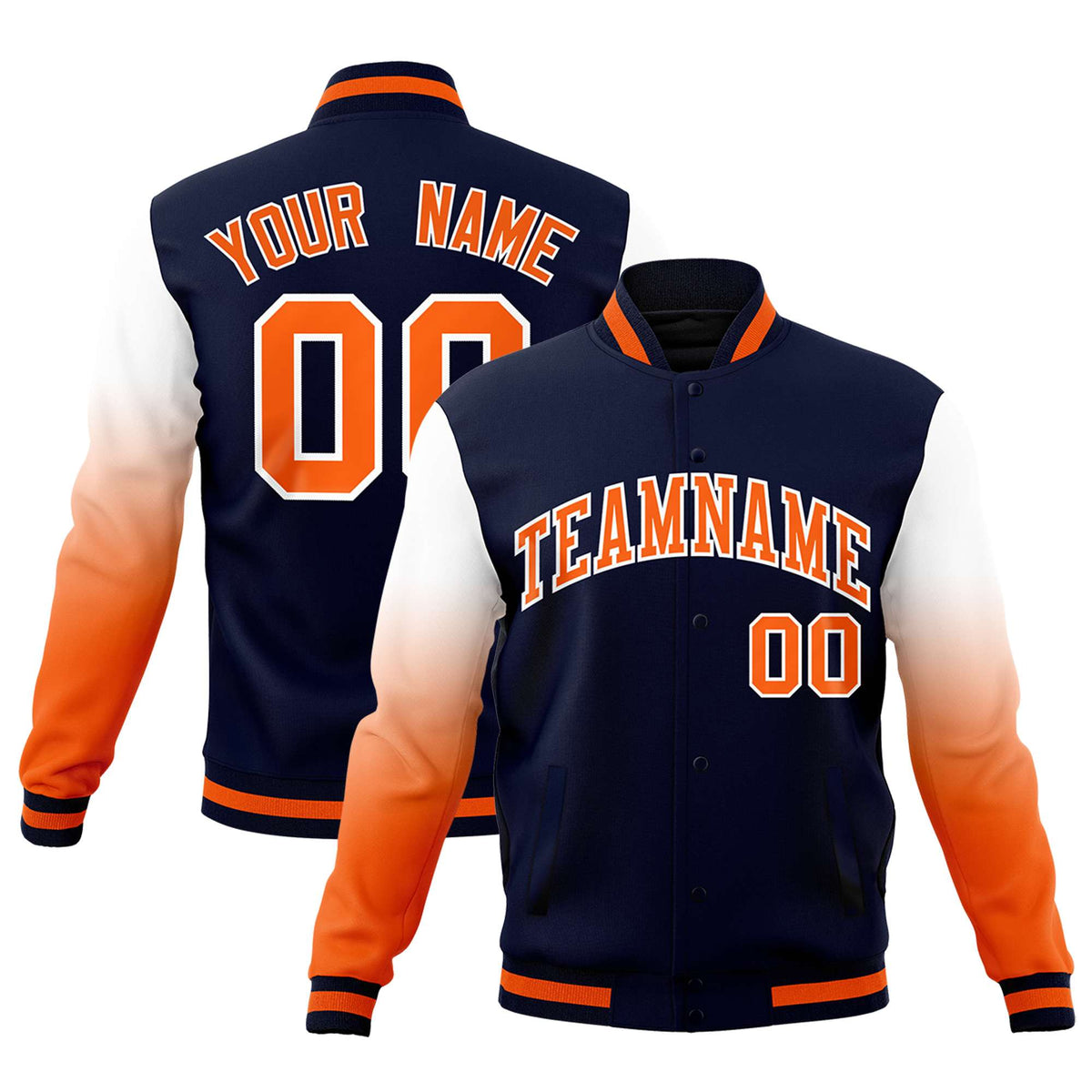 Custom Navy Orange White Full-Snap Varsity Raglan Sleeves Gradient Letterman Jacket