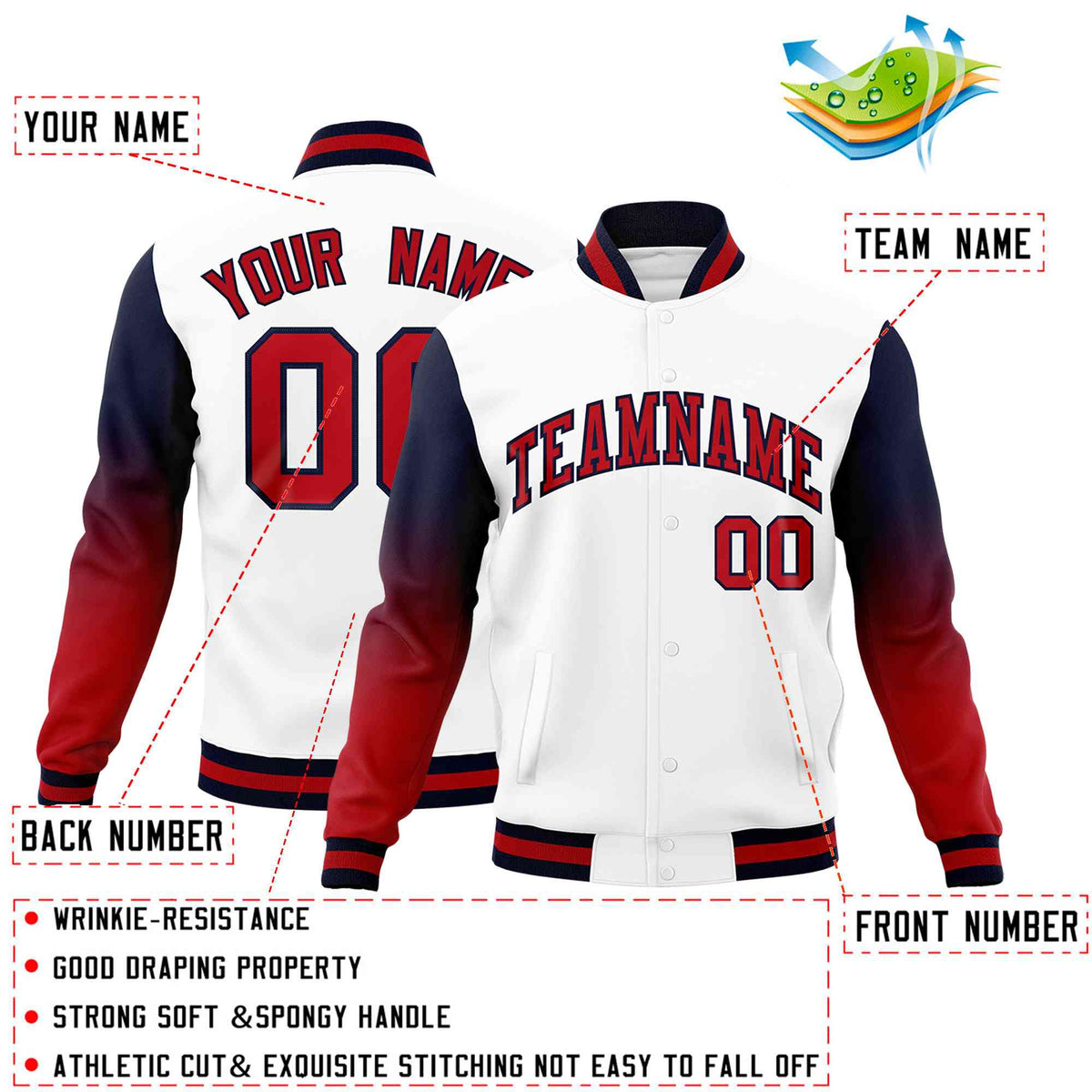 Custom White Red Black Full-Snap Varsity Raglan Sleeves Gradient Letterman Jacket