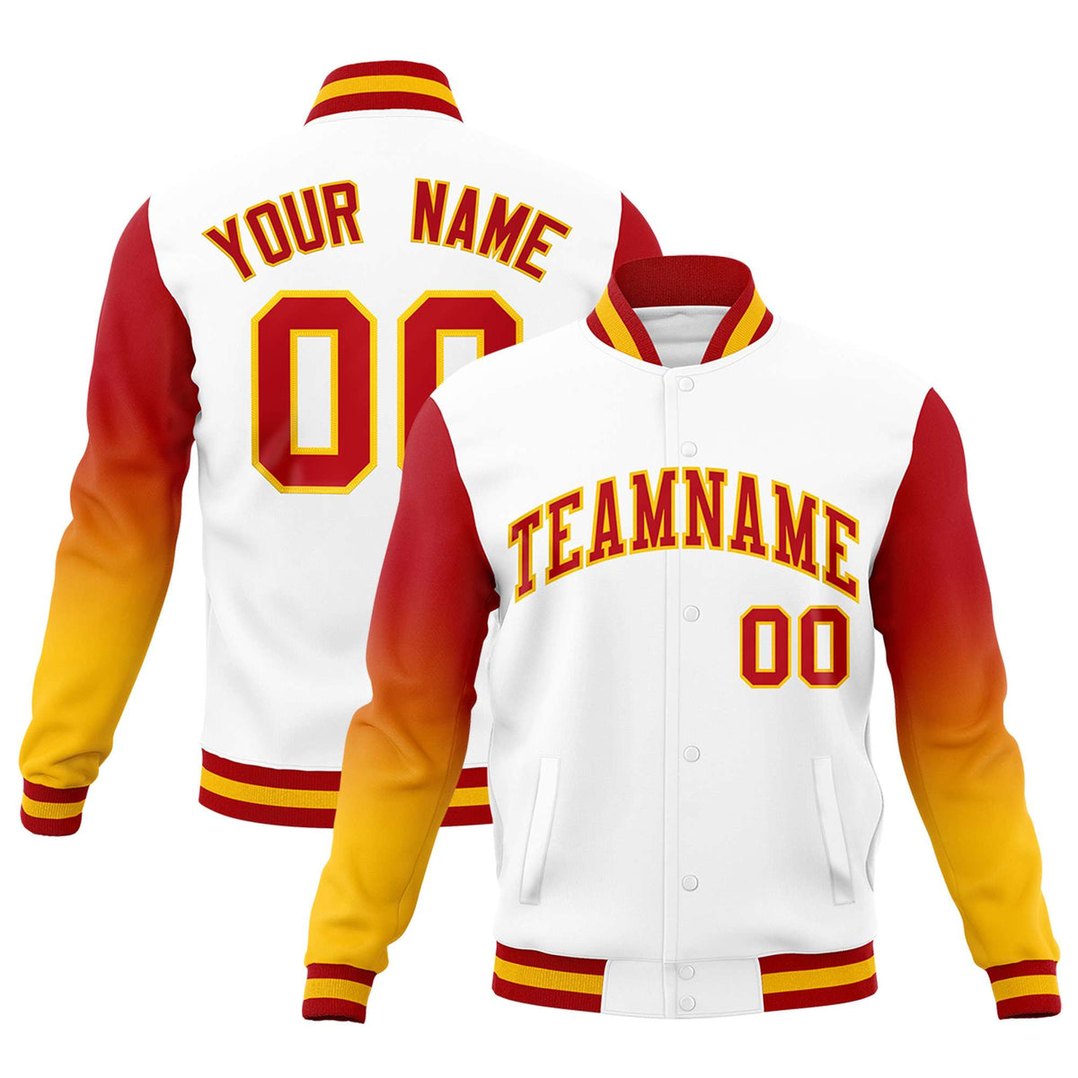 Custom White Red Gold Full-Snap Varsity Raglan Sleeves Gradient Letterman Jacket