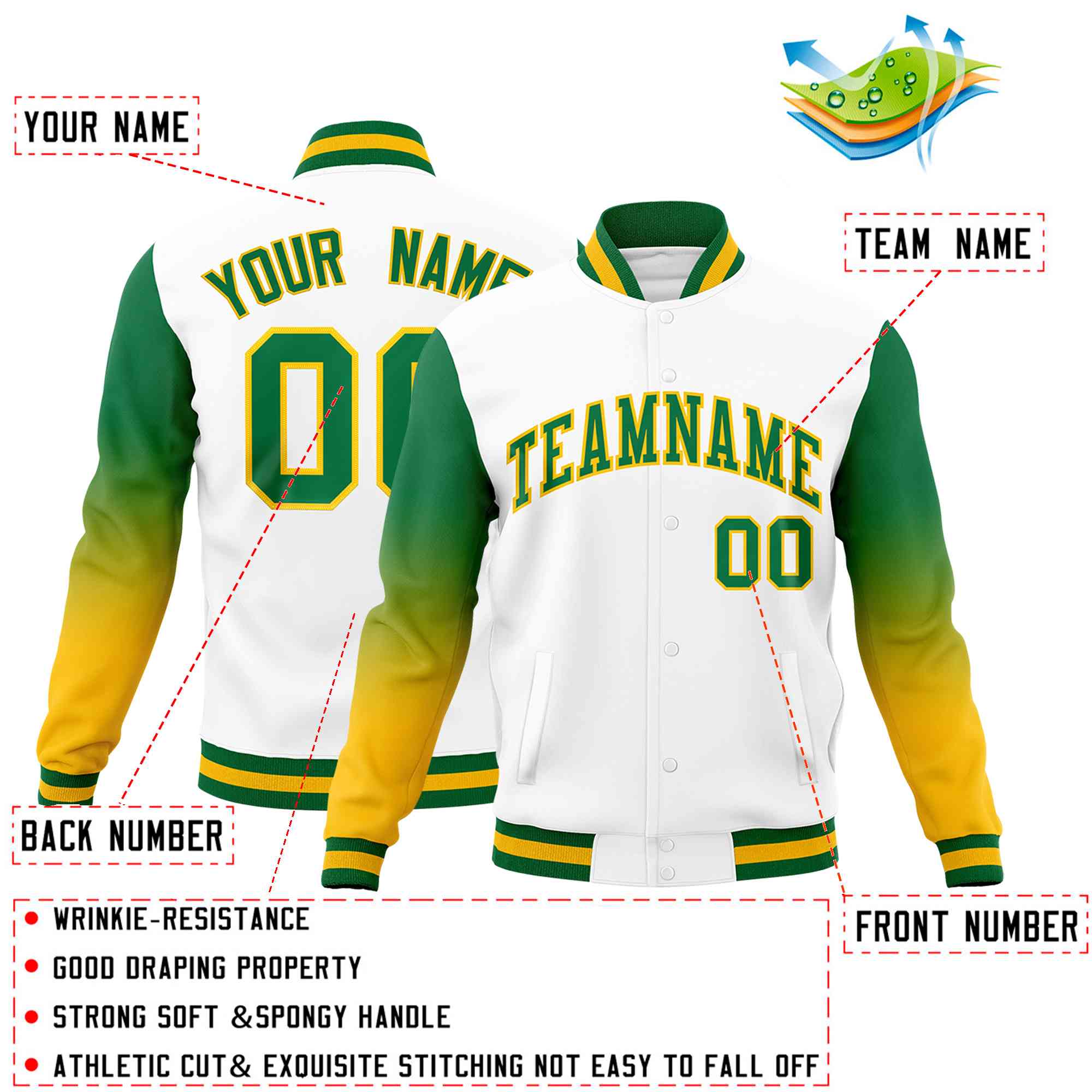 Custom White Kelly Green Gold Full-Snap Varsity Raglan Sleeves Gradient Letterman Jacket