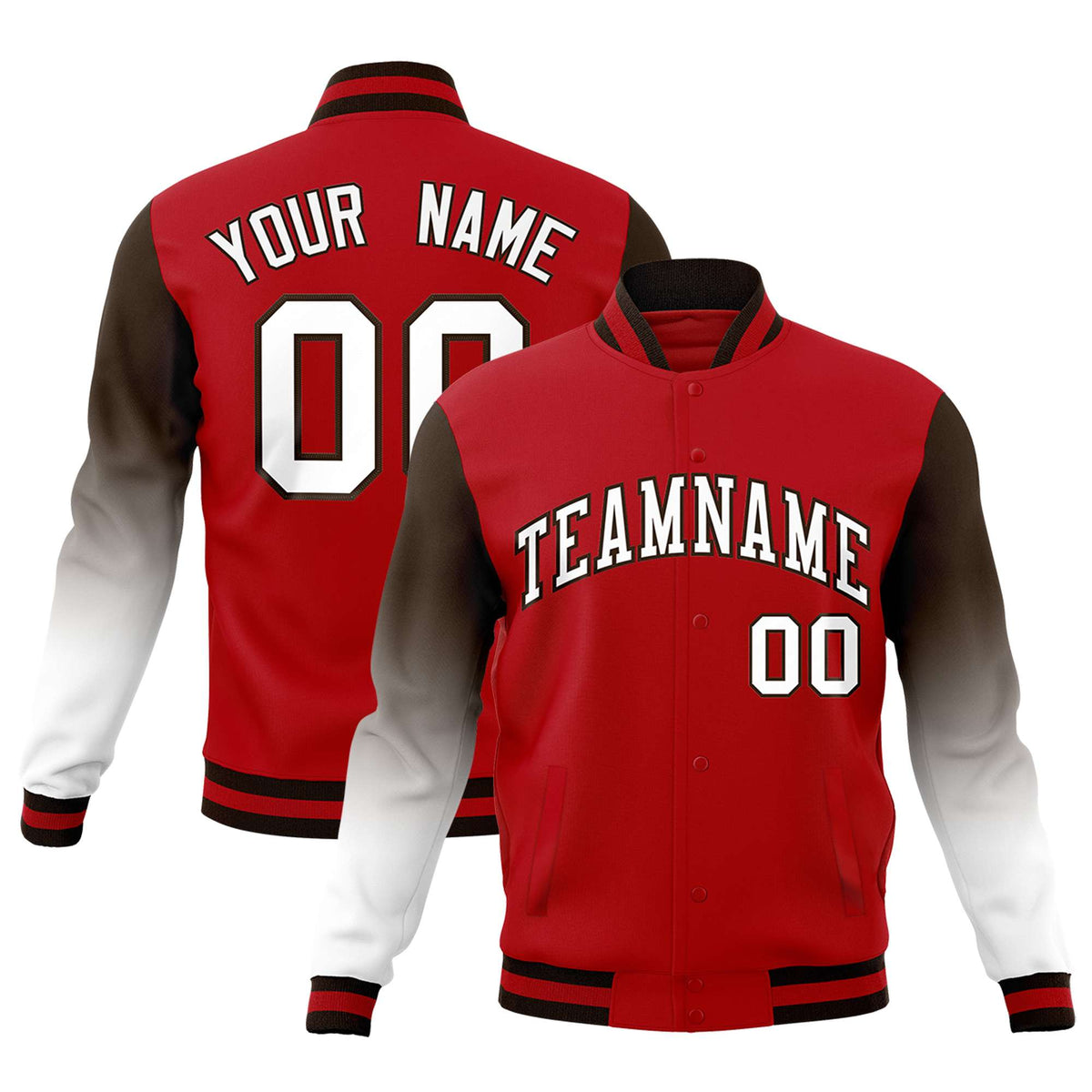Custom Red White Brown Full-Snap Varsity Raglan Sleeves Gradient Letterman Jacket