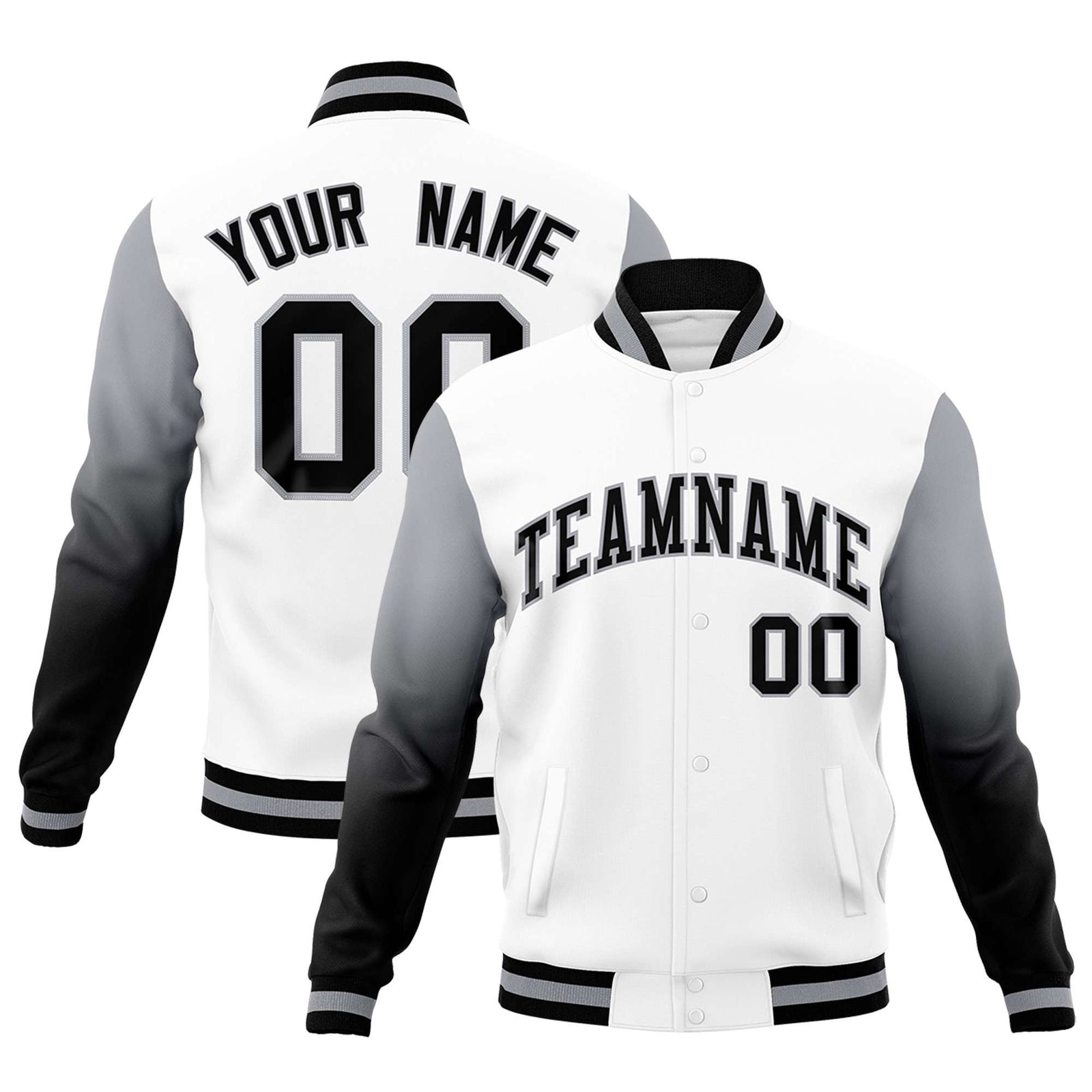 Custom White Black Gray Full-Snap Varsity Raglan Sleeves Gradient Letterman Jacket