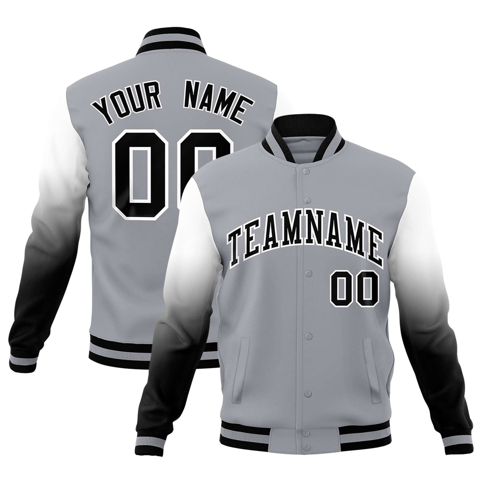Custom Gray Black White Full-Snap Varsity Raglan Sleeves Gradient Letterman Jacket