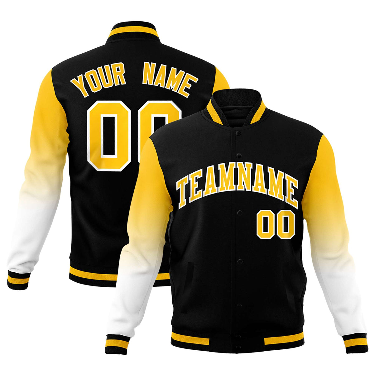 Custom Black Gold White Full-Snap Varsity Raglan Sleeves Gradient Letterman Jacket