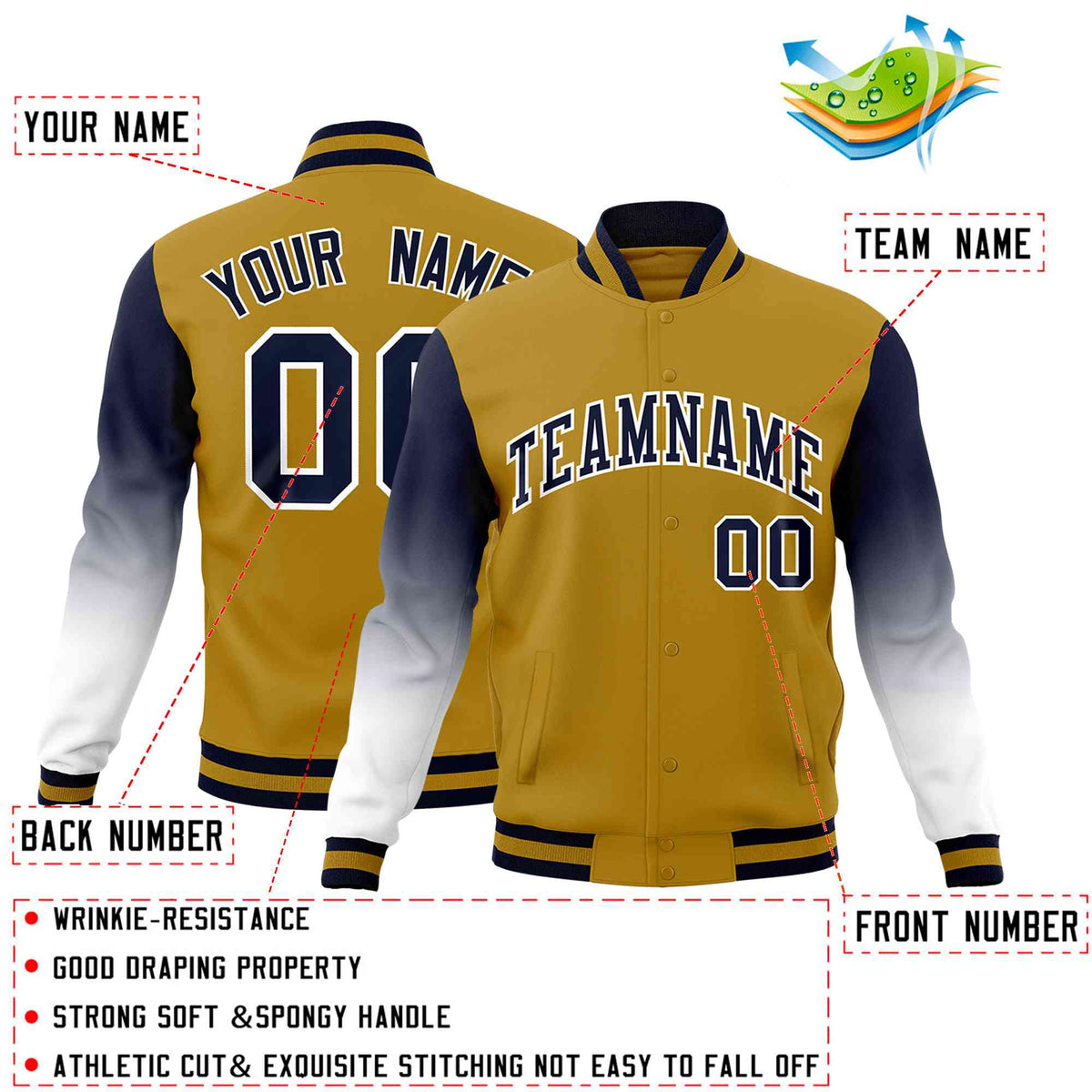 Custom Old Gold Navy White Full-Snap Varsity Raglan Sleeves Gradient Letterman Jacket