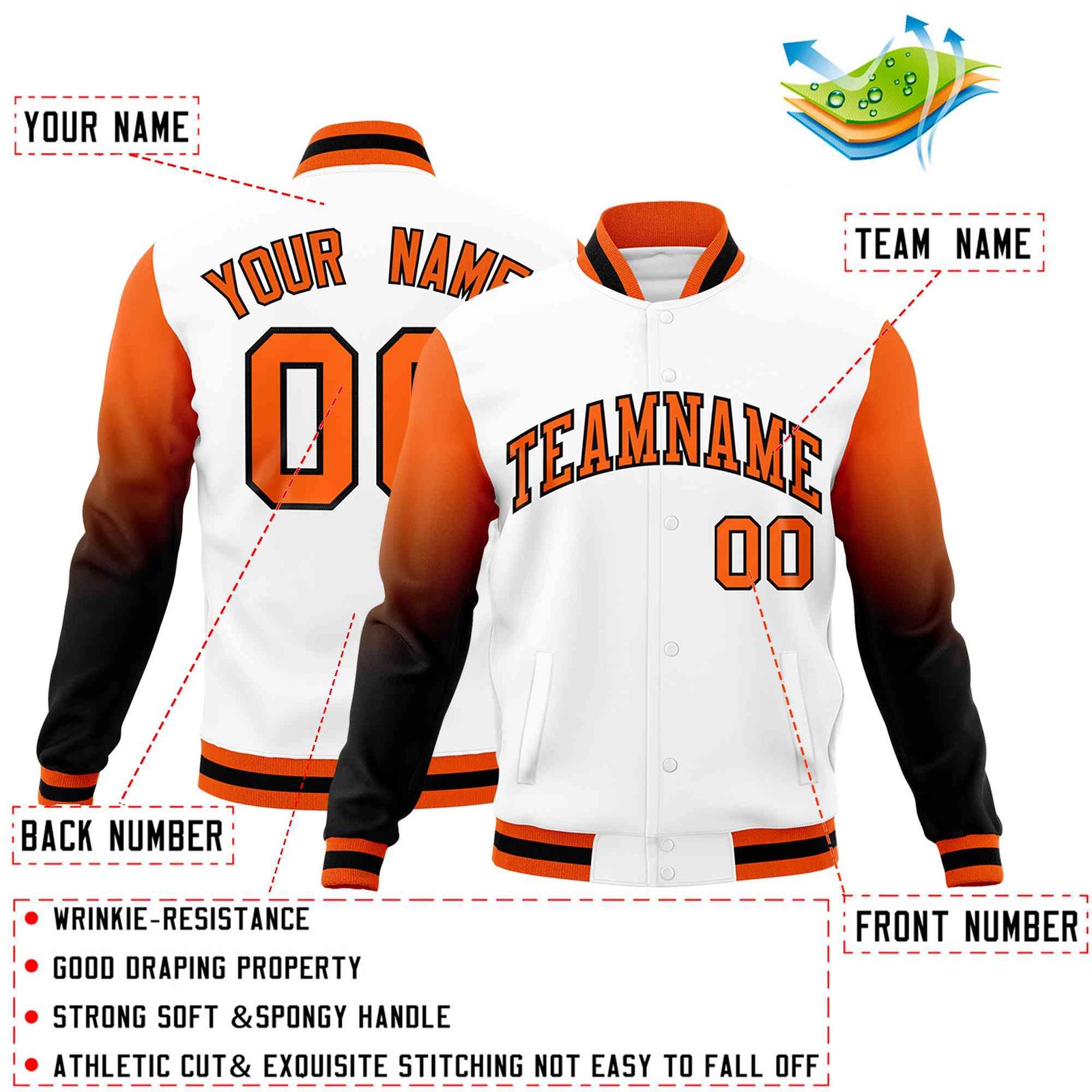 Custom White Orange Black Full-Snap Varsity Raglan Sleeves Gradient Letterman Jacket