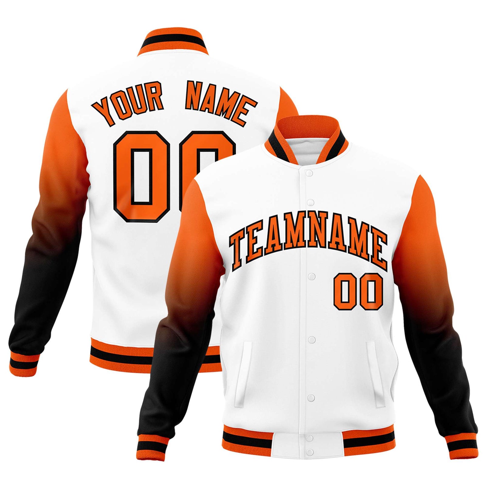 Custom White Orange Black Full-Snap Varsity Raglan Sleeves Gradient Letterman Jacket