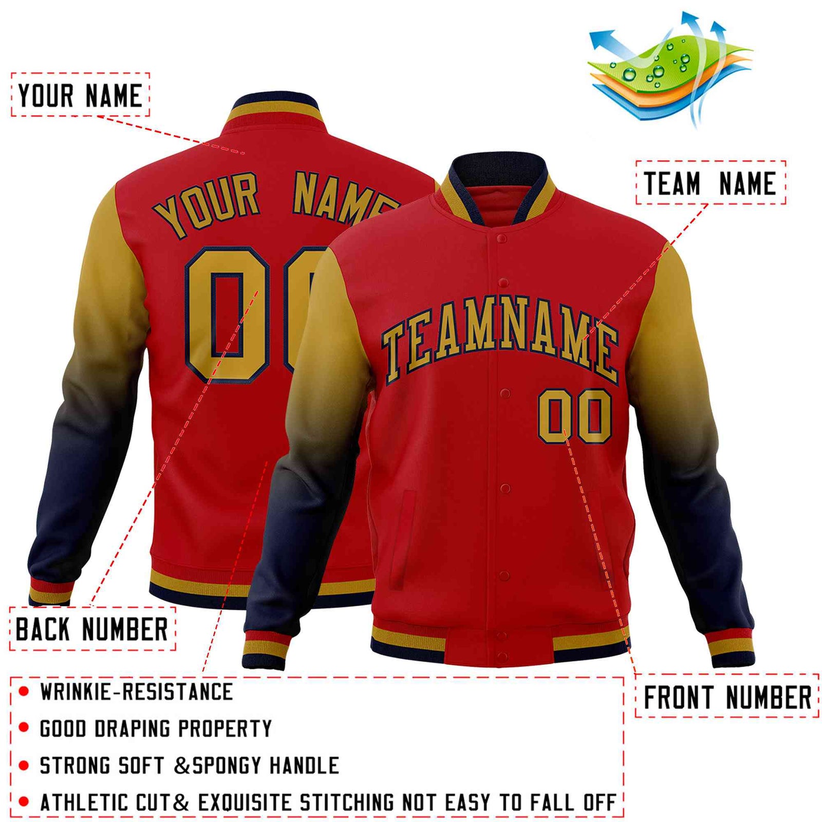 Custom Red Old Gold Navy Full-Snap Varsity Raglan Sleeves Gradient Letterman Jacket