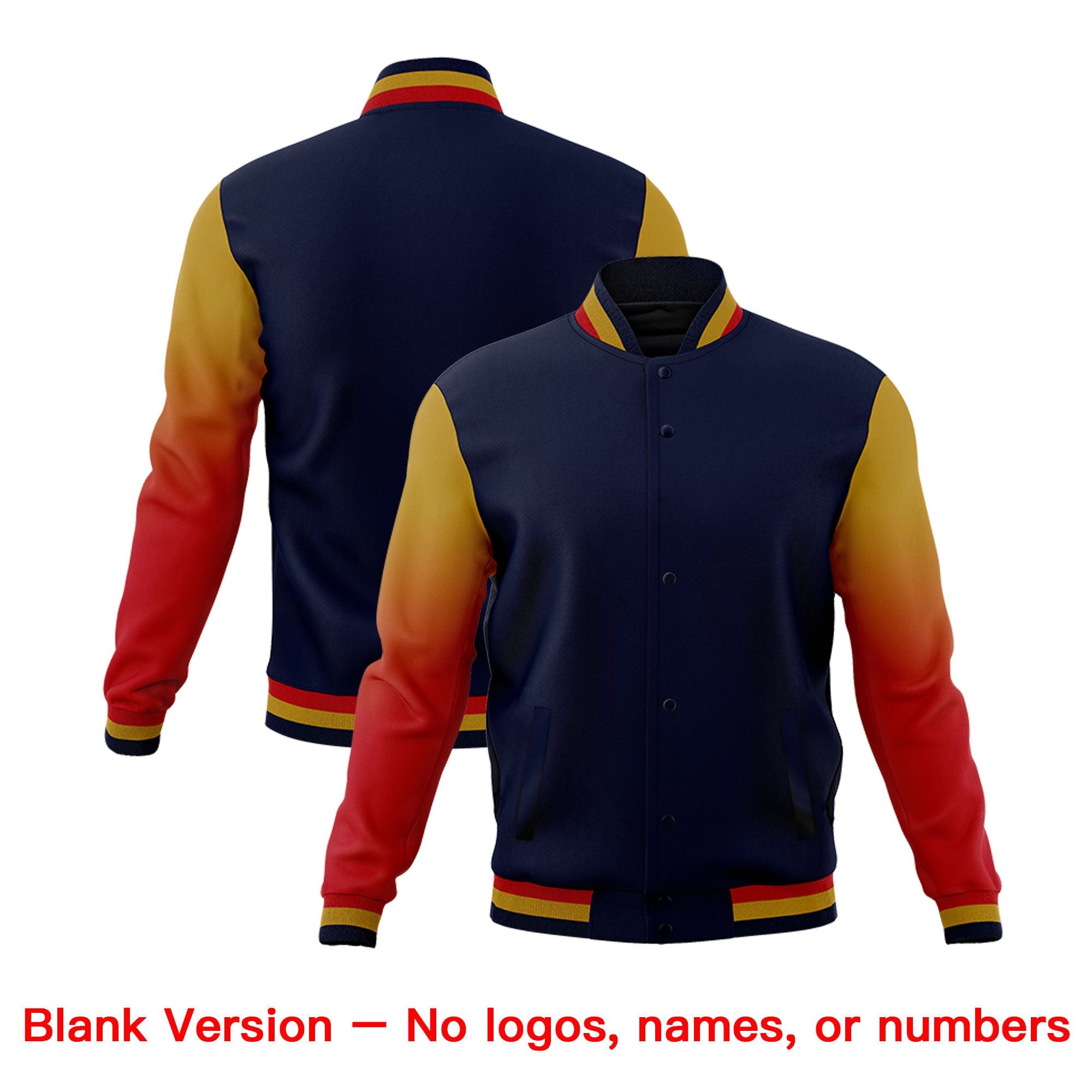 Custom Navy Red Old Gold Full-Snap Varsity Raglan Sleeves Gradient Letterman Jacket