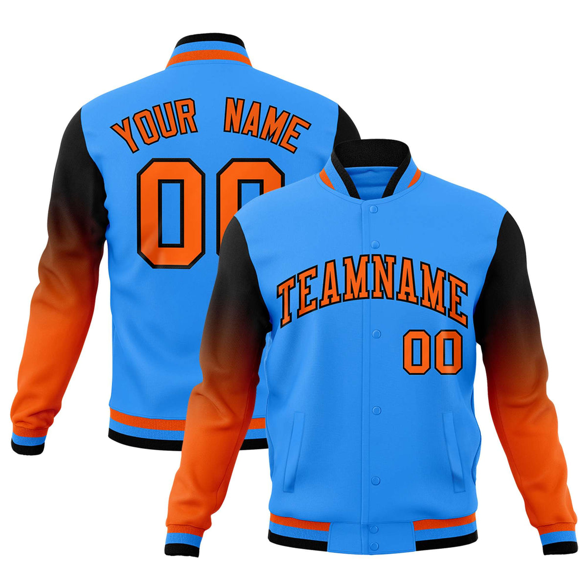 Custom Powder Blue Orange Black Full-Snap Varsity Raglan Sleeves Gradient Letterman Jacket