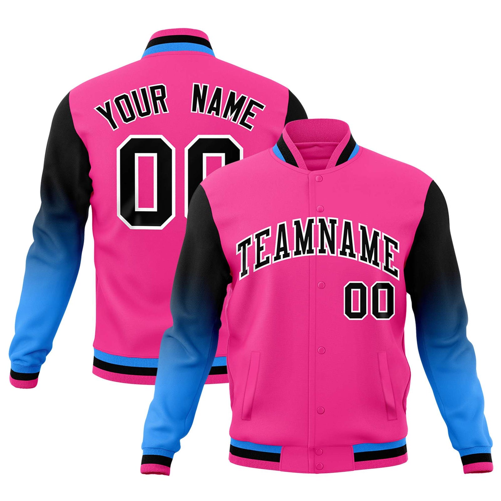 Custom Pink Black White Full-Snap Varsity Raglan Sleeves Gradient Letterman Jacket
