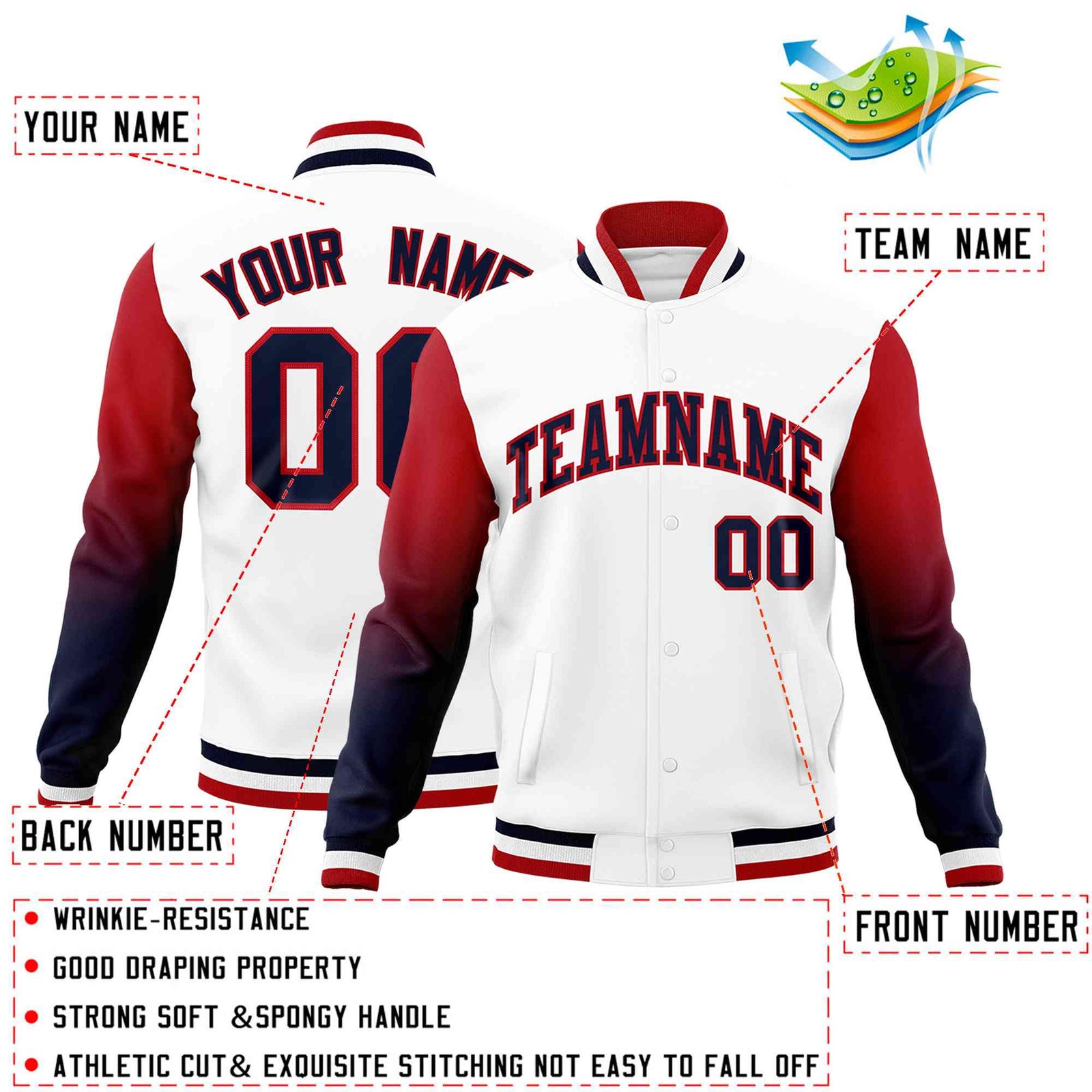 Custom White Navy Red Full-Snap Varsity Raglan Sleeves Gradient Letterman Jacket