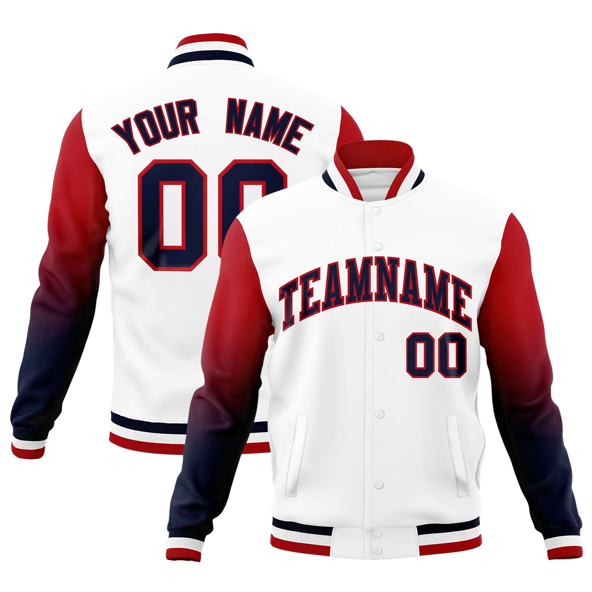 Custom White Navy Red Full-Snap Varsity Raglan Sleeves Gradient Letterman Jacket