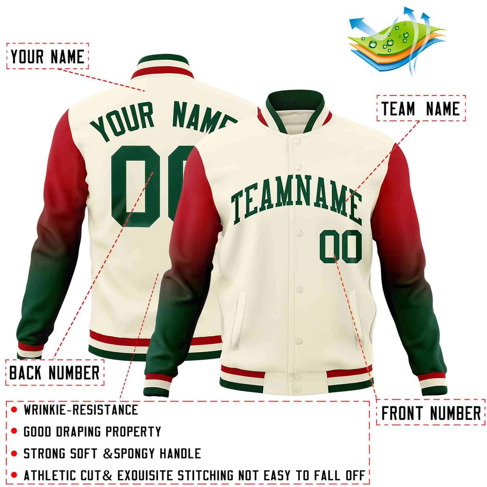 Custom Cream Green Red Full-Snap Varsity Raglan Sleeves Gradient Letterman Jacket