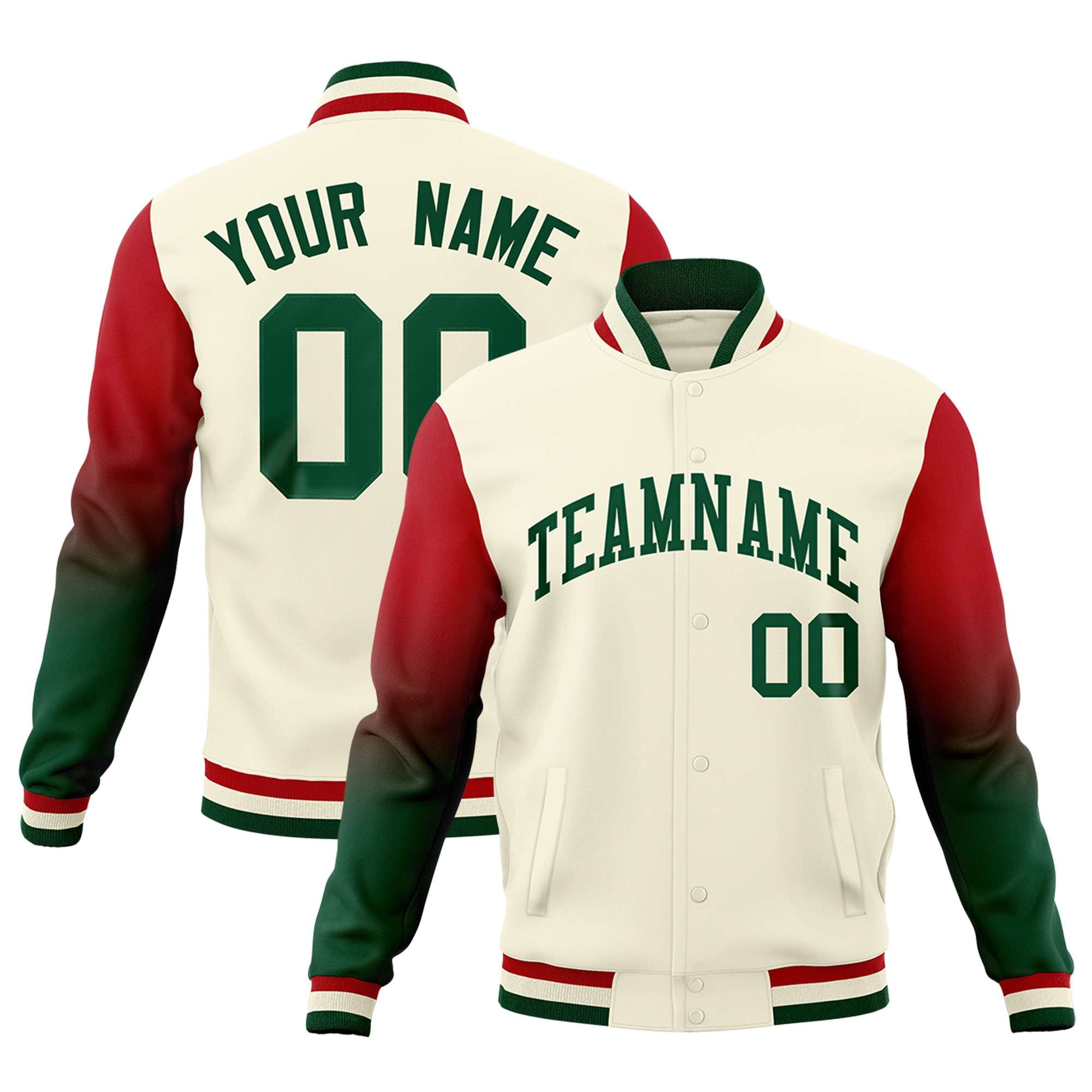 Custom Cream Green Red Full-Snap Varsity Raglan Sleeves Gradient Letterman Jacket