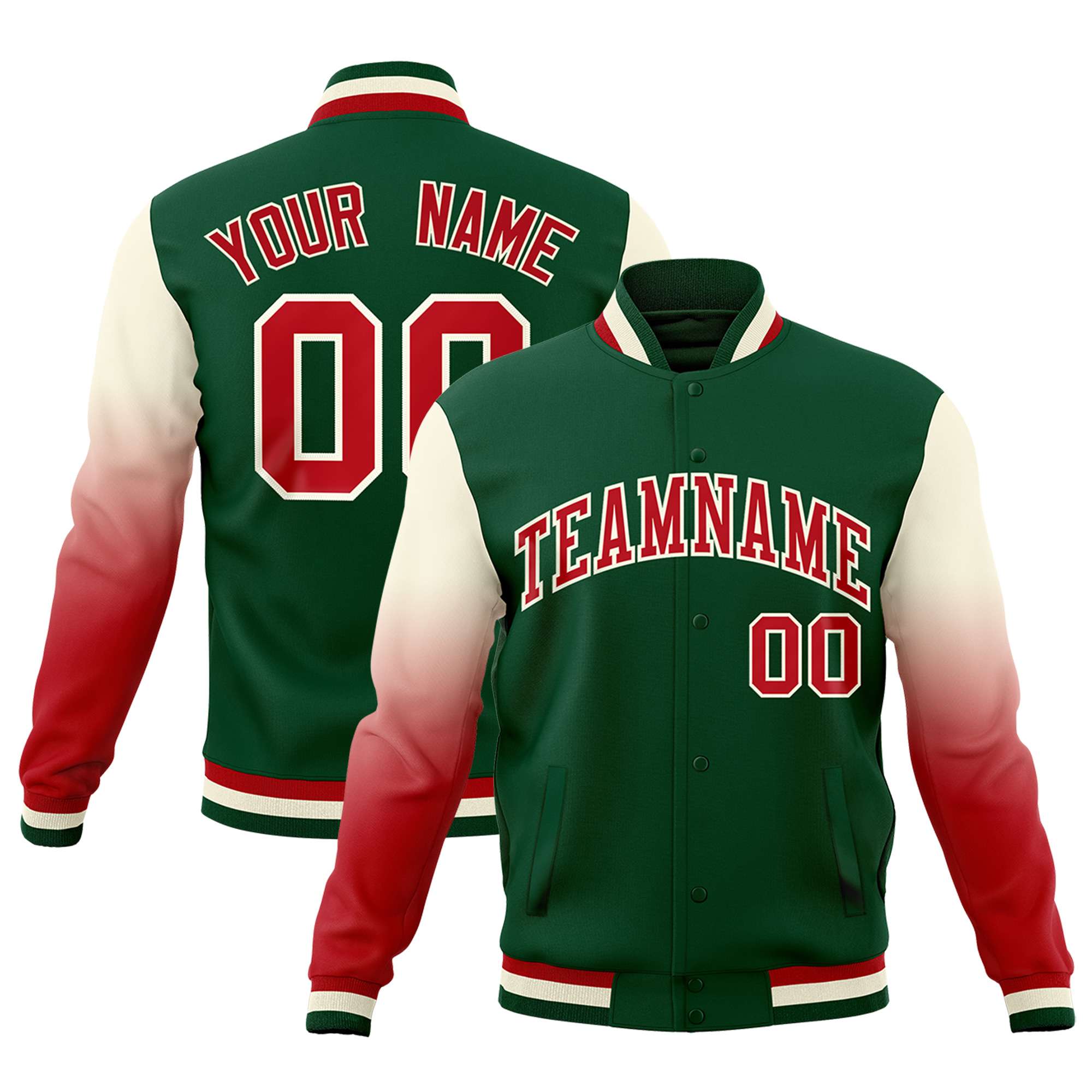 Custom Green Red Cream Full-Snap Varsity Raglan Sleeves Gradient Letterman Jacket