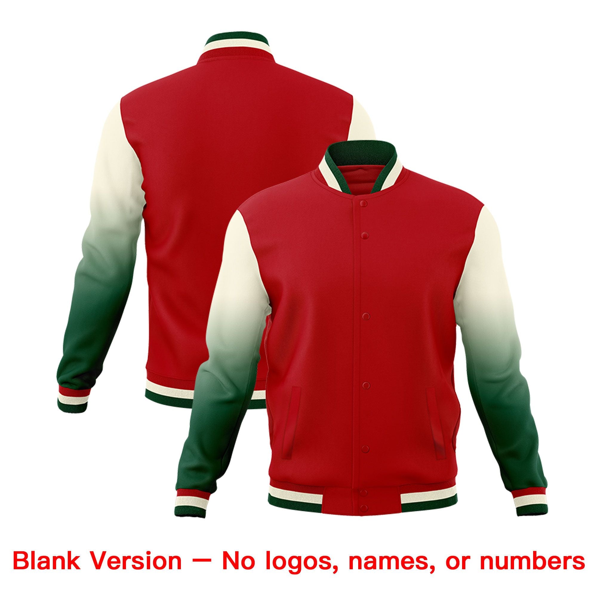 Custom Red Cream Green Full-Snap Varsity Raglan Sleeves Gradient Letterman Jacket