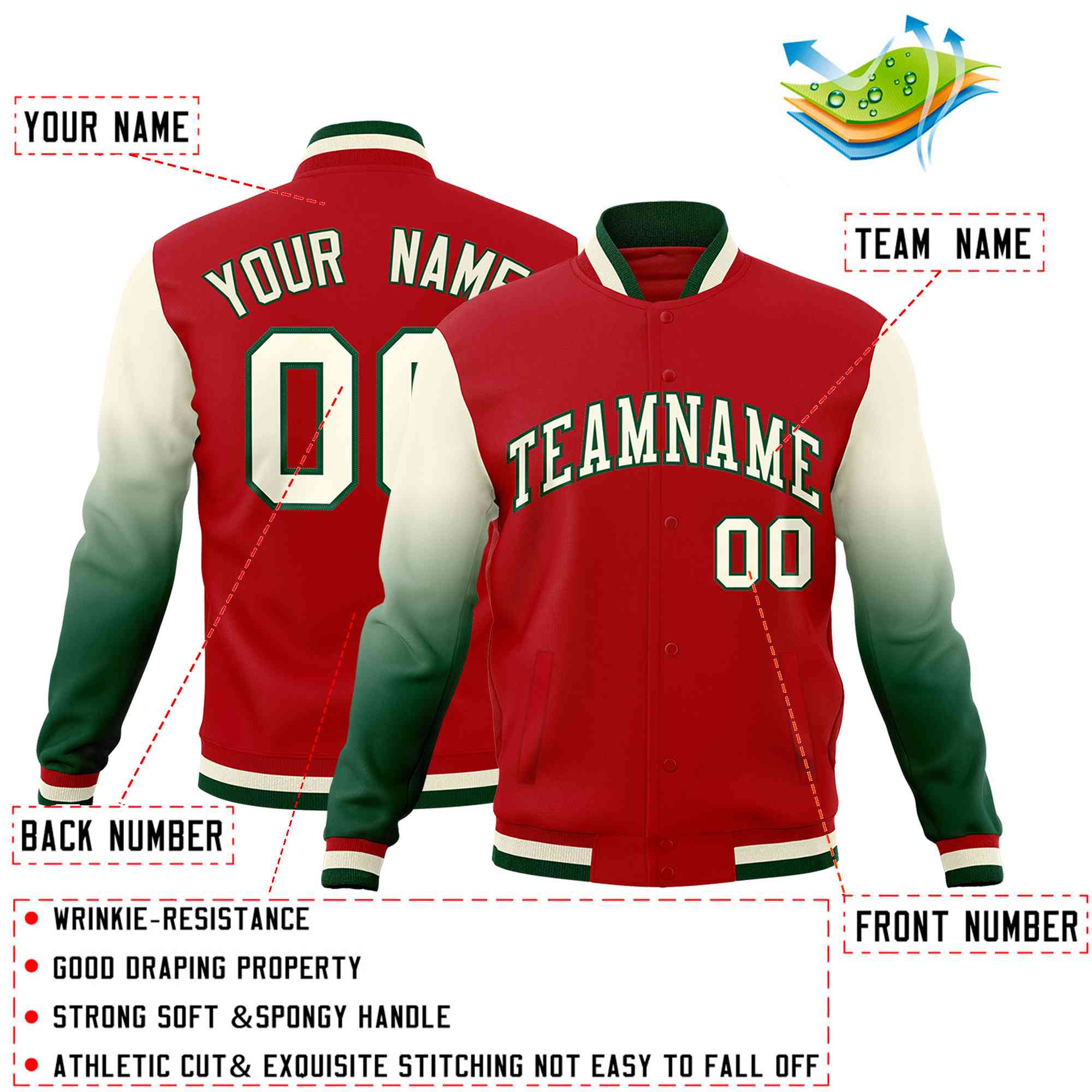 Custom Red Cream Green Full-Snap Varsity Raglan Sleeves Gradient Letterman Jacket