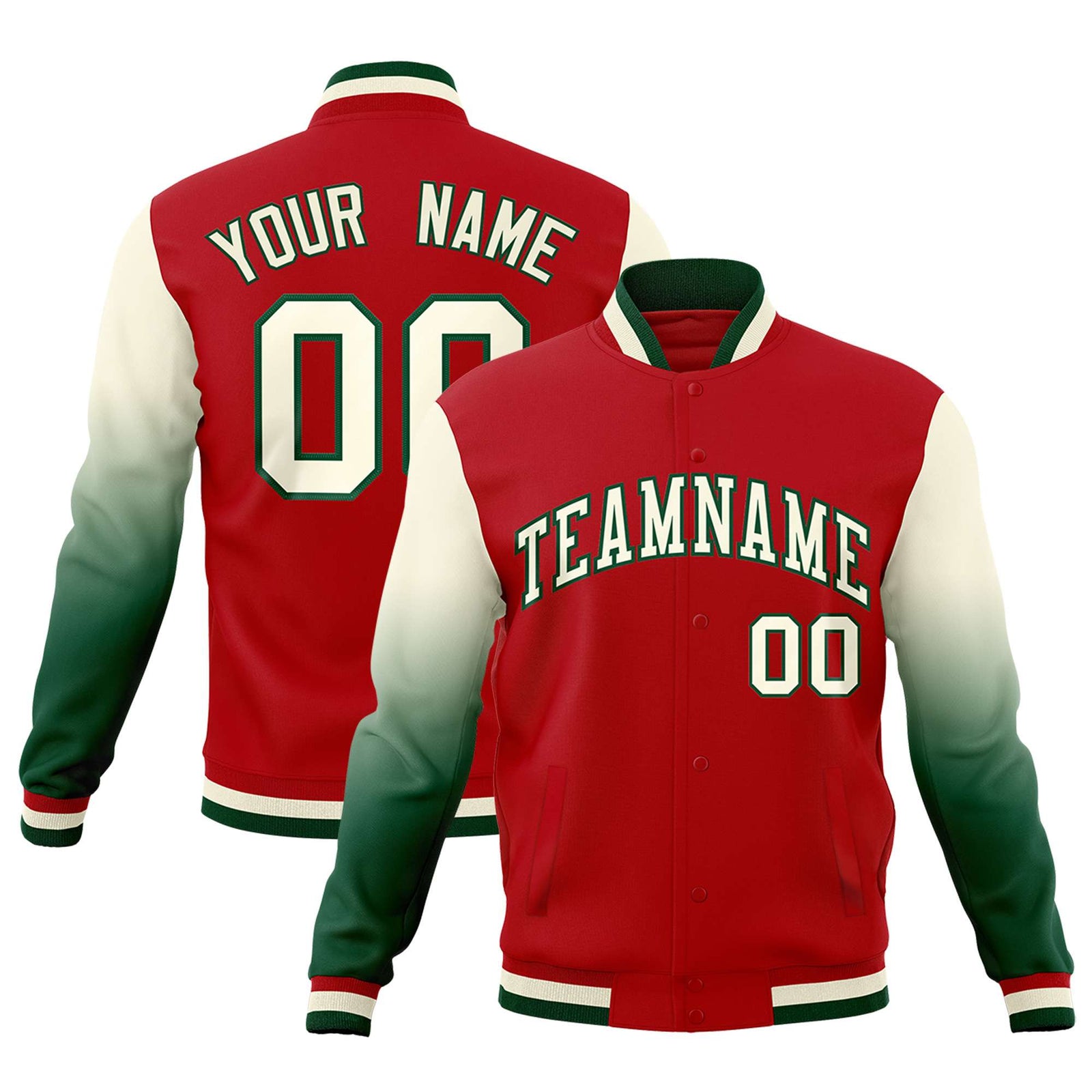 Custom Red Cream Green Full-Snap Varsity Raglan Sleeves Gradient Letterman Jacket